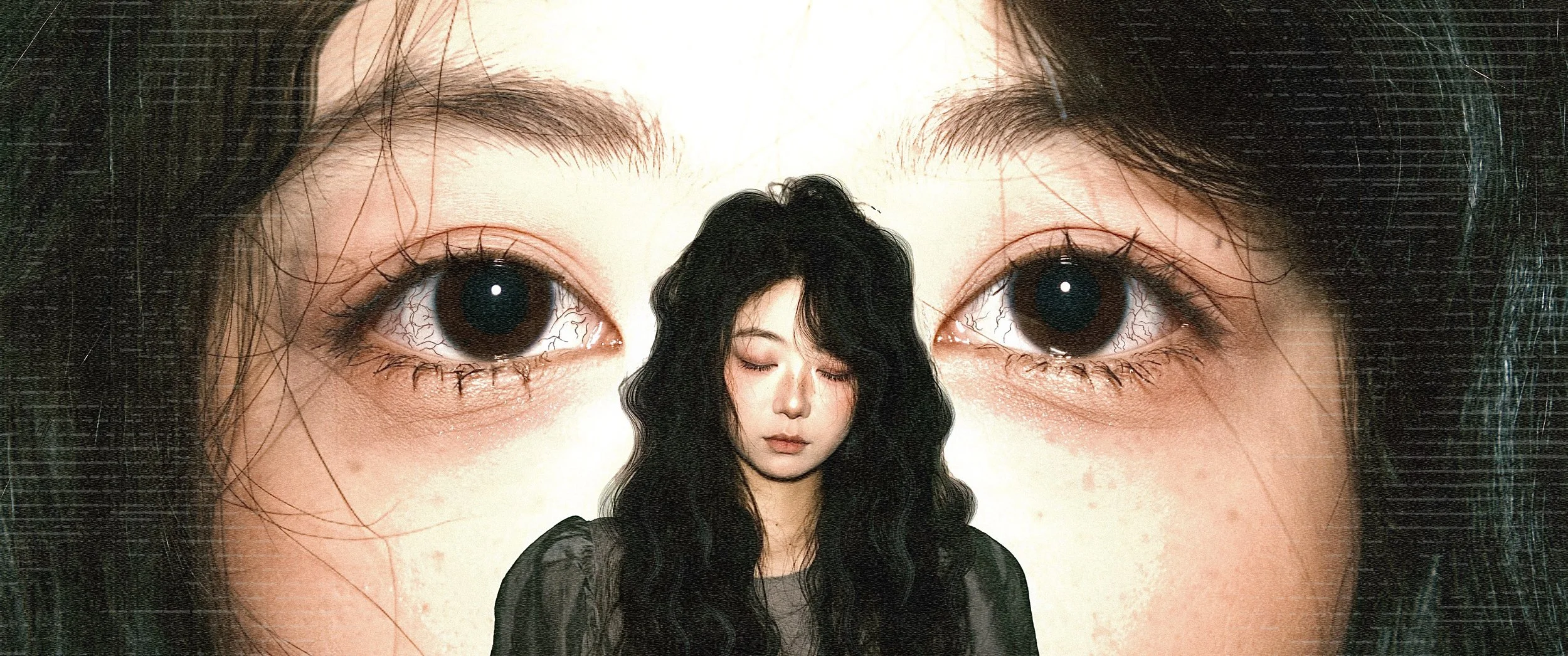 A close-up of a woman's face with large eyes and visible eyelashes, with a smaller portrait of a woman with long wavy black hair, eyes closed, and a neutral expression superimposed in the center.