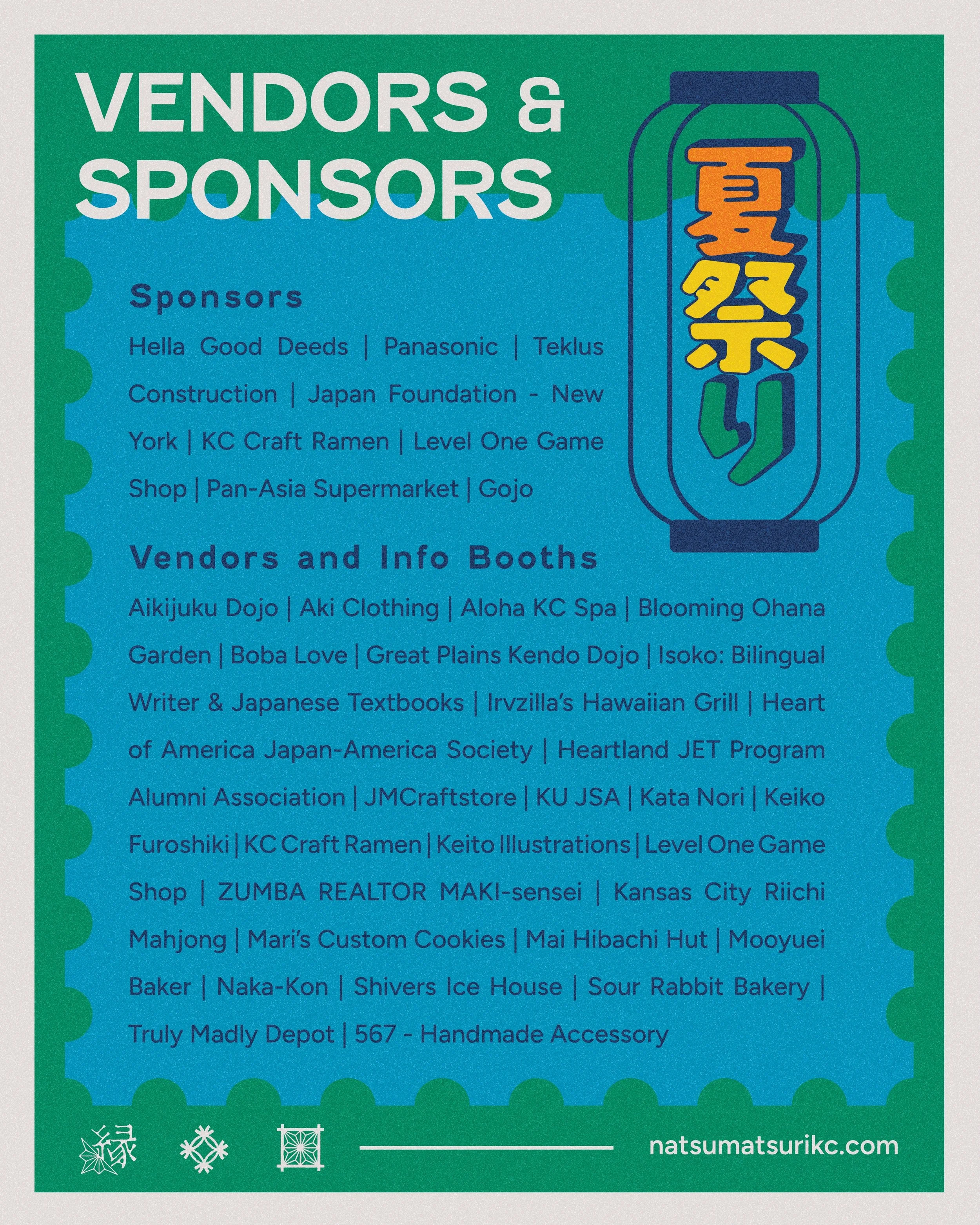 ✨We are officially less than 1 week away from Natsu Matsuri! ✨ 

The event wouldn&rsquo;t be possible without our incredible sponsors and vendors! We&rsquo;re so grateful for their support in bringing a slice of Japanese summer to Kansas City.

At th