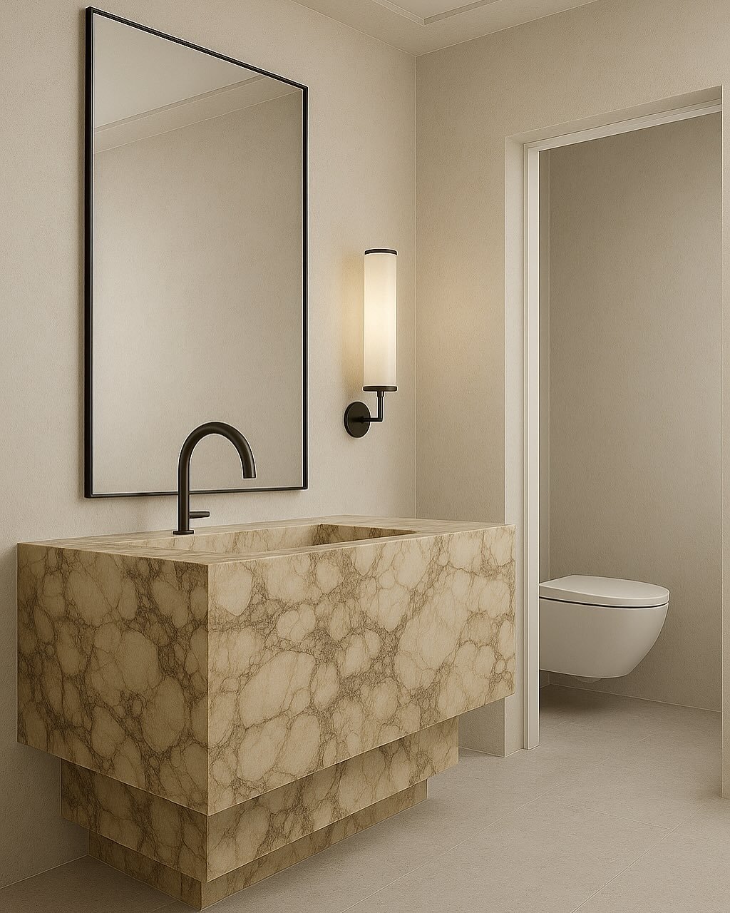 A play on proportion, texture, and tone. Soft layers of marble, brushed metal, and warm light bring quiet drama to this powder room.