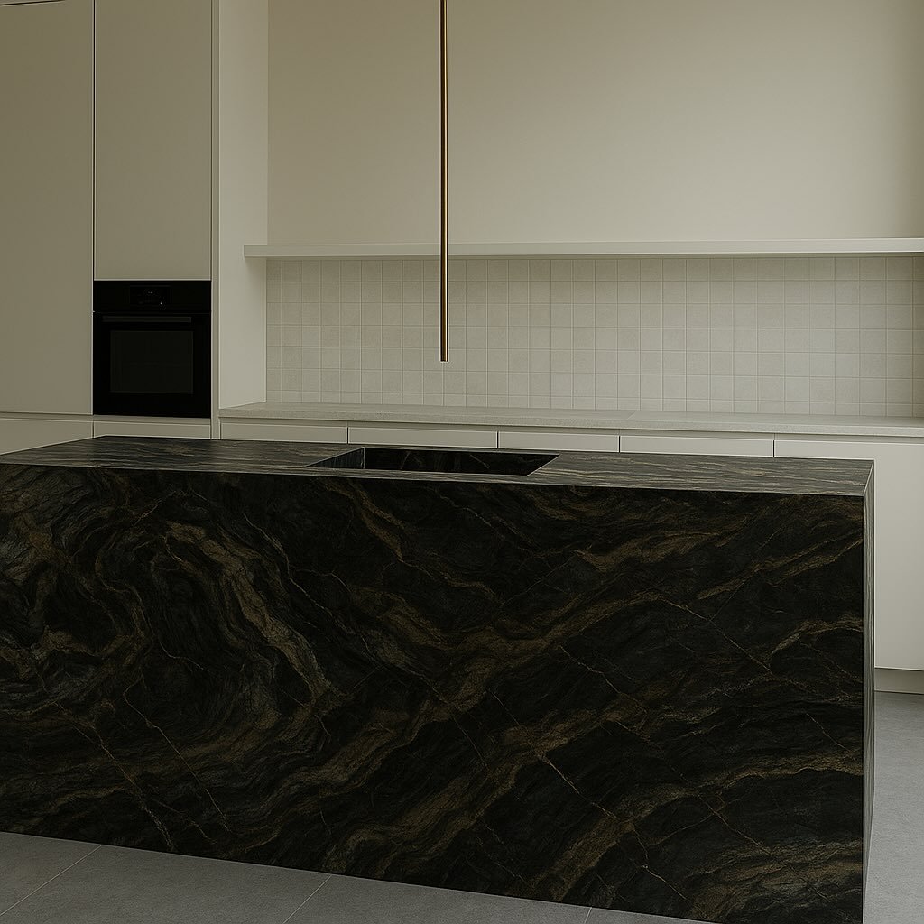 Quiet drama 

This kitchen was designed to make a statement while still feeling calm and considered. The bold, veined stone brings depth and movement to the space, anchored by a minimal palette of off-whites and soft textures. 
The ceiling-mounted ta