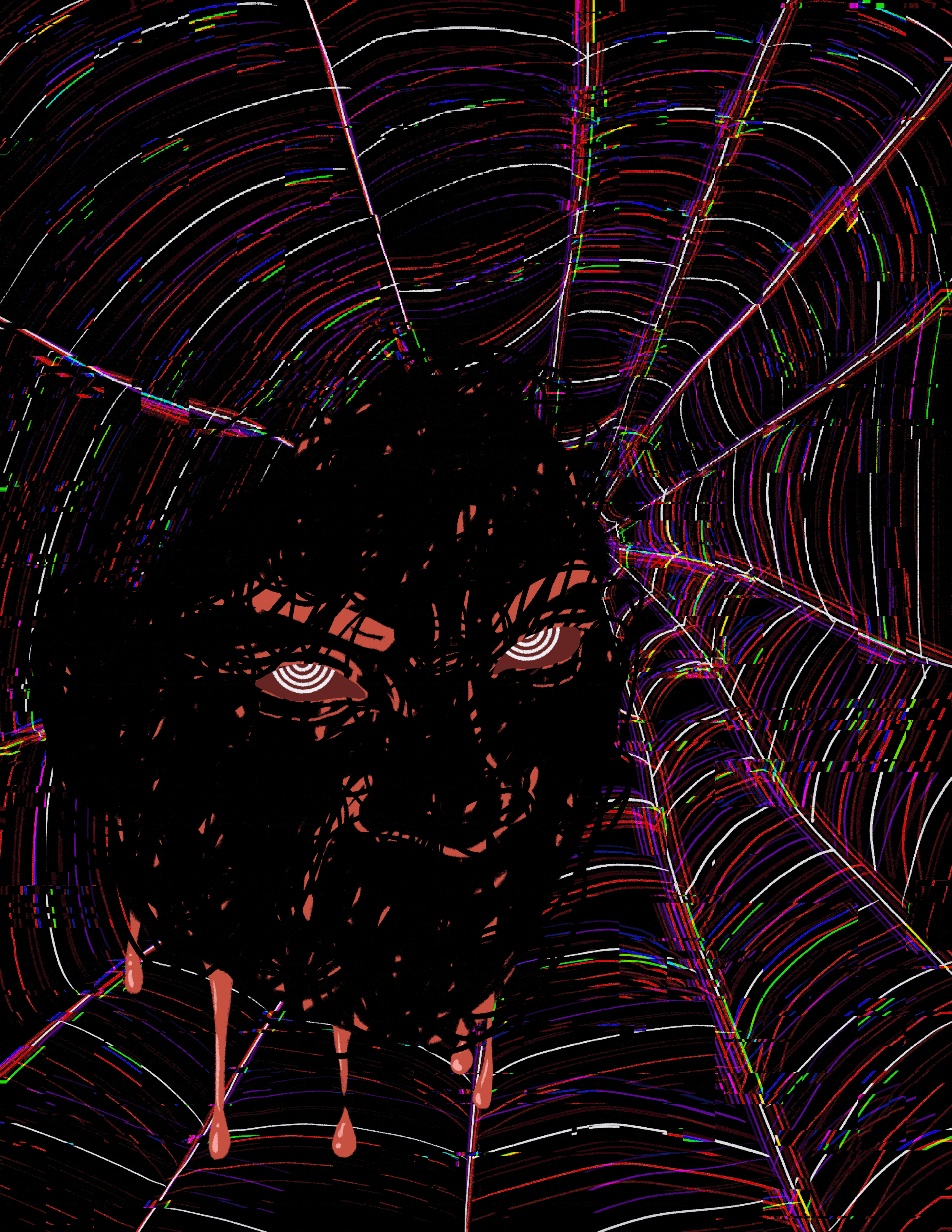 A digital artwork depicting a silhouette of a woman with flowing hair, overlaid with abstract, colorful, and swirling lines and patterns against a dark background.