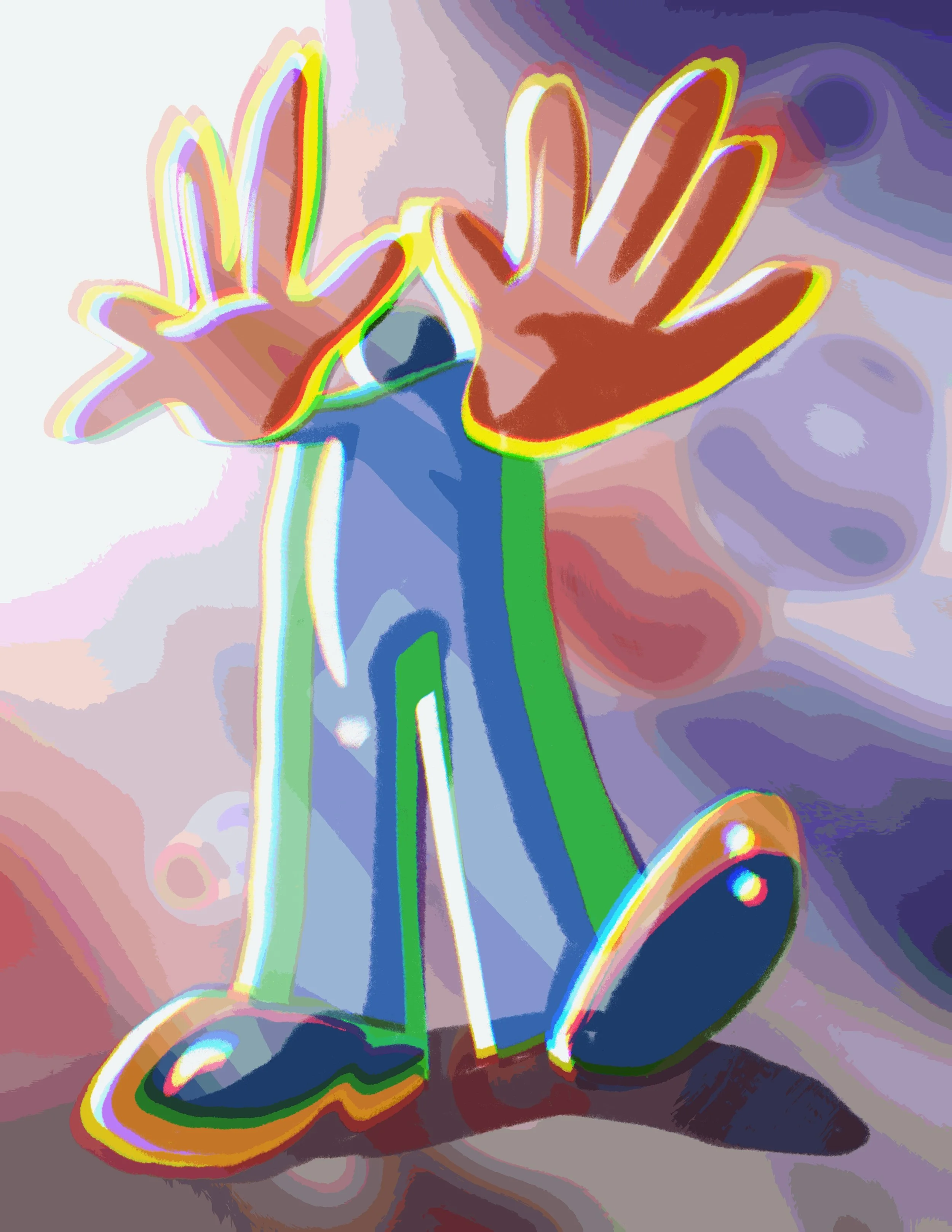 A colorful abstract illustration of two hands making an OK gesture with an eye in the center of the circle formed by the thumb and index finger, surrounded by vivid neon-like outlines and a dark, swirling background.