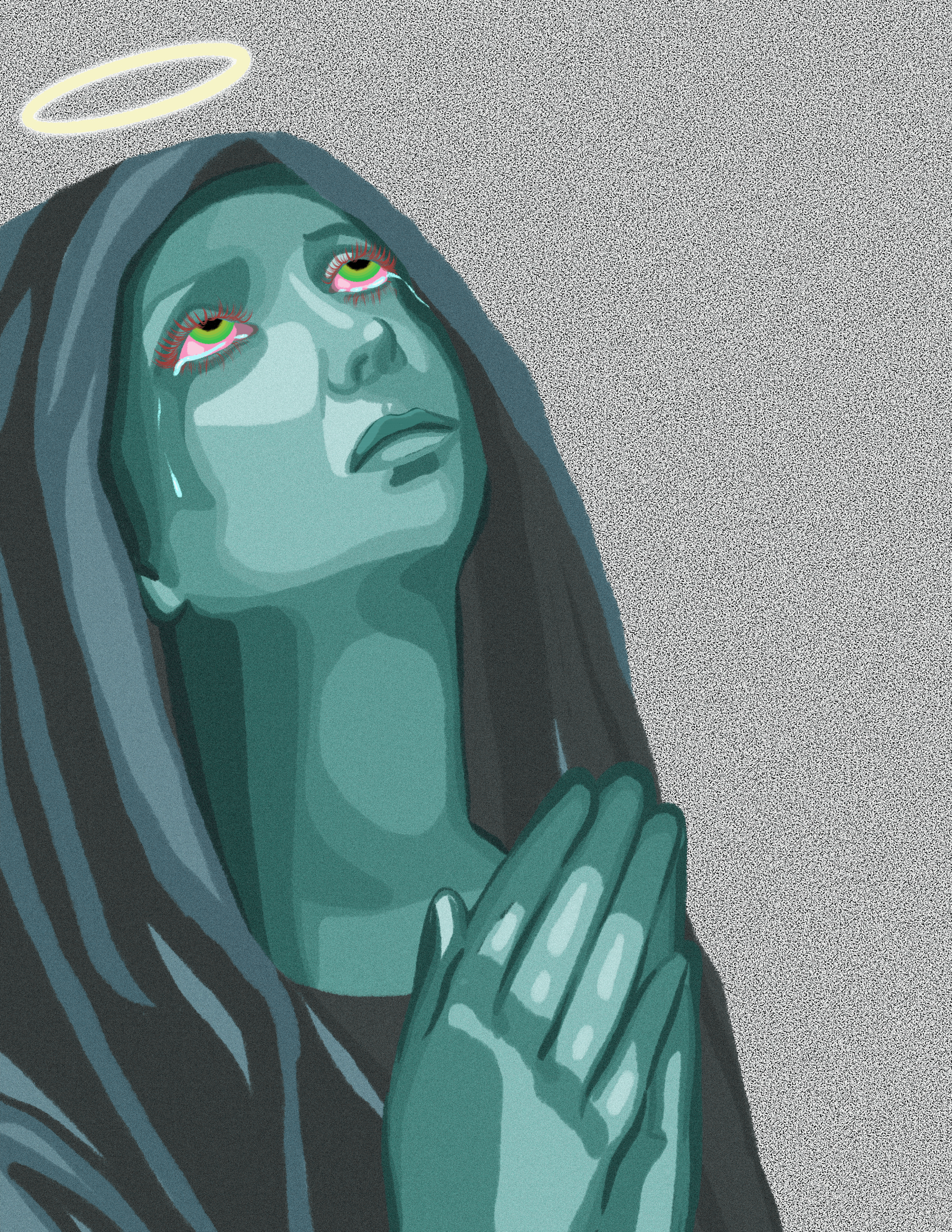 A digital illustration of a woman with green skin, long dark hair, and tearful eyes. She has a halo above her head and is embracing herself with her arms crossed over her chest, appearing to be in emotional distress.