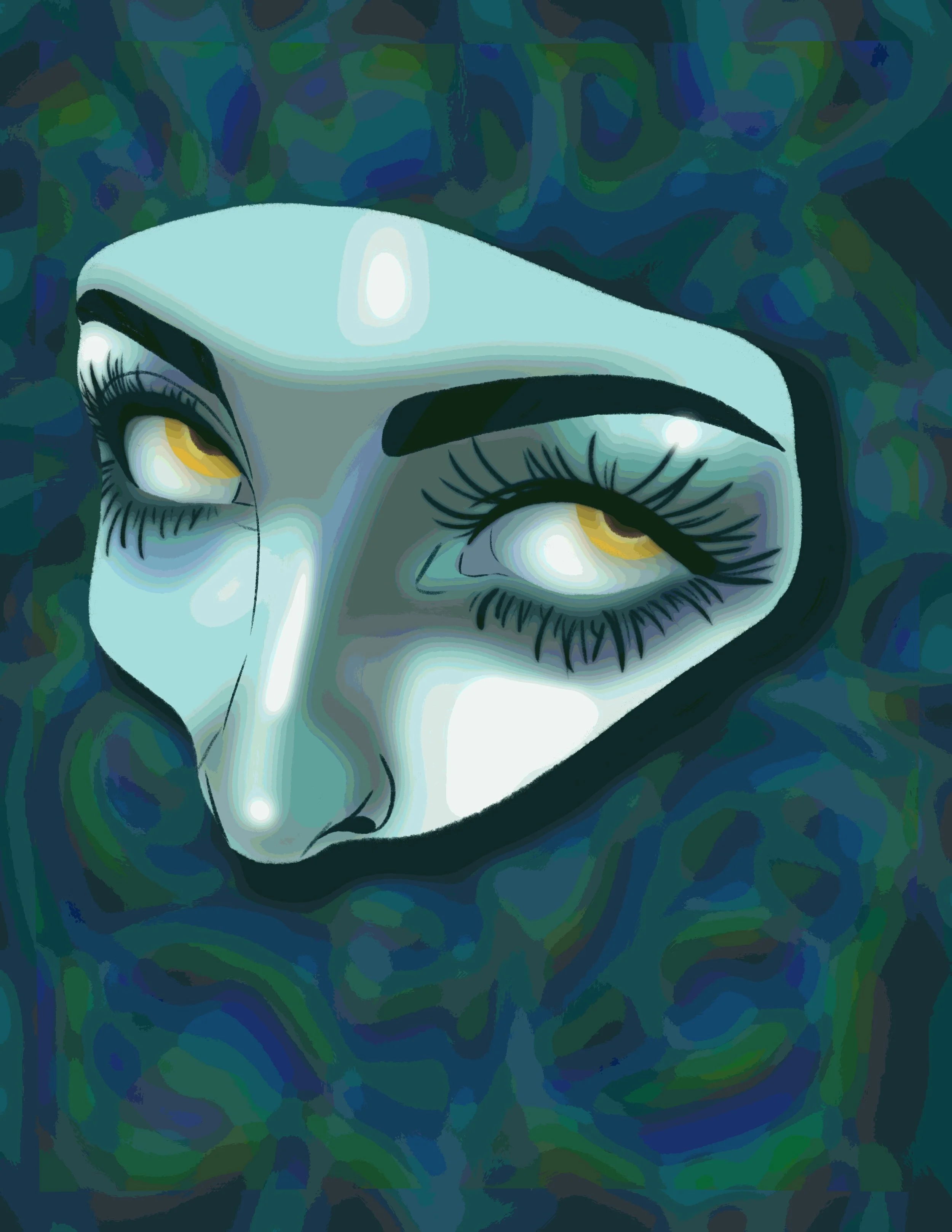 Digital illustration of a human face with closed eyes, emphasizing the eye area with long eyelashes and dark eyebrows, against a dark, abstract, colorful background.
