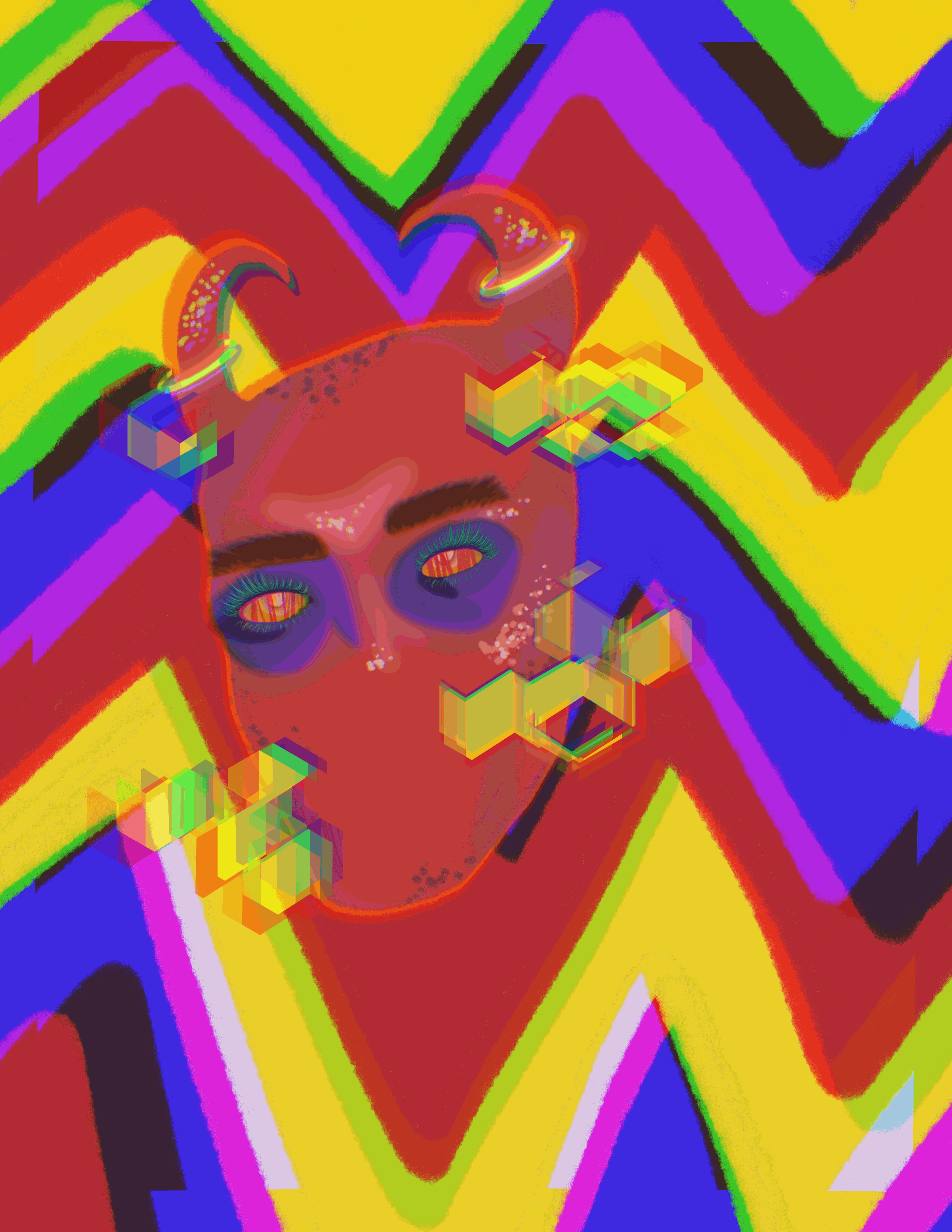 Abstract digital artwork featuring a neon-colored face with closed eyes, surrounded by vibrant geometric shapes and rainbow-like color patterns.