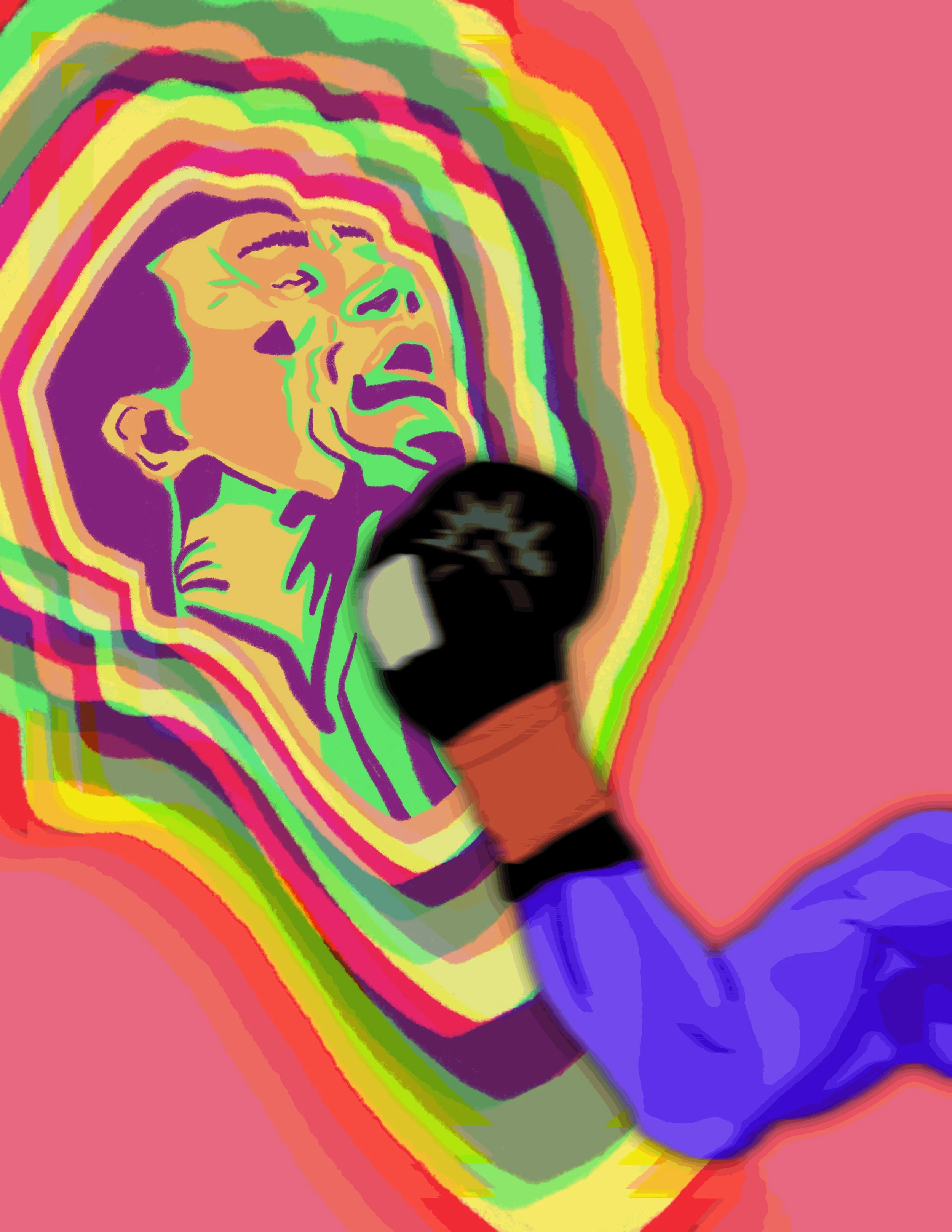 A colorful abstract digital artwork featuring a person's face surrounded by rainbow-like, layered outlines with vivid colors on a pink background.