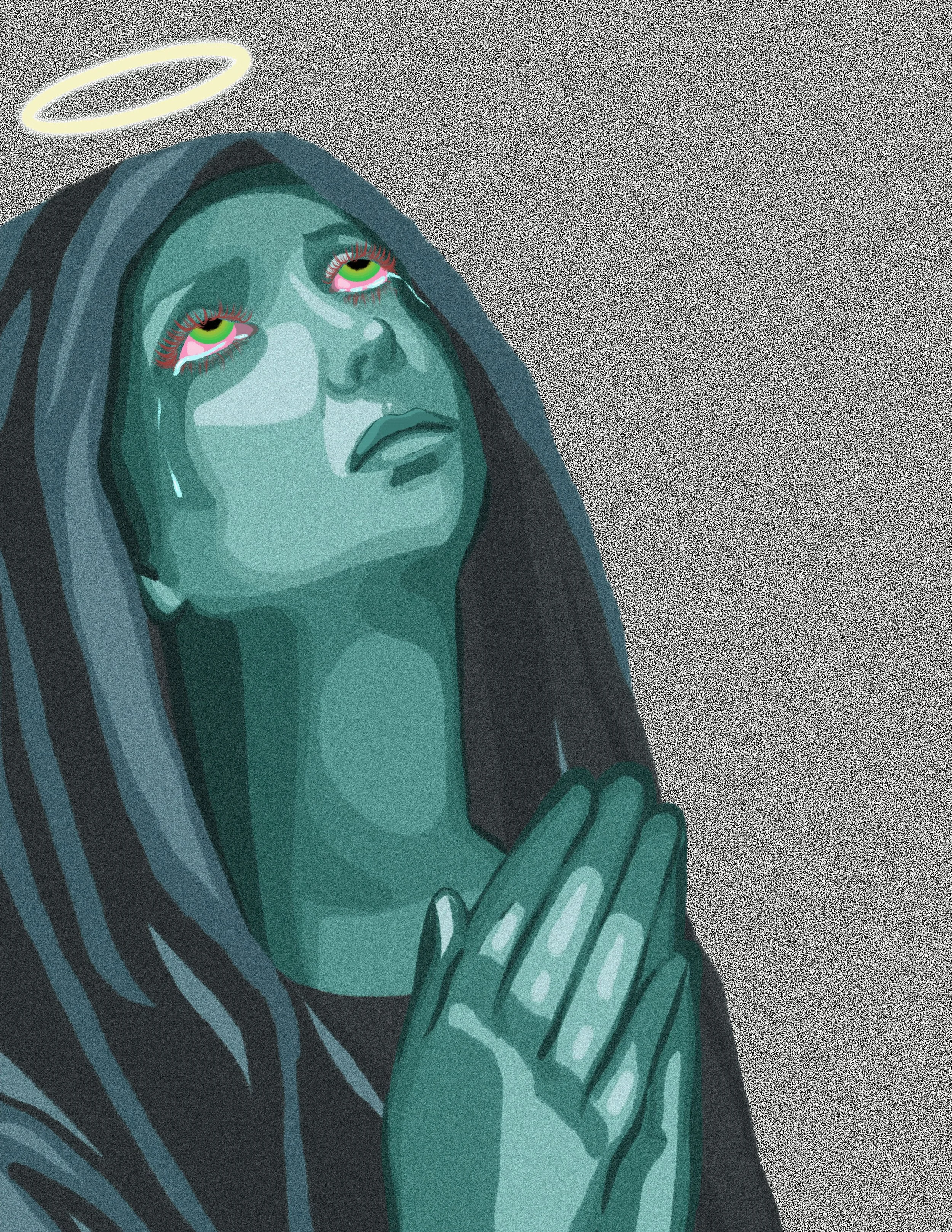 Digital illustration of a woman with a halo above her head, long dark hair, and multiple tears on her face, wearing a dark hooded garment.