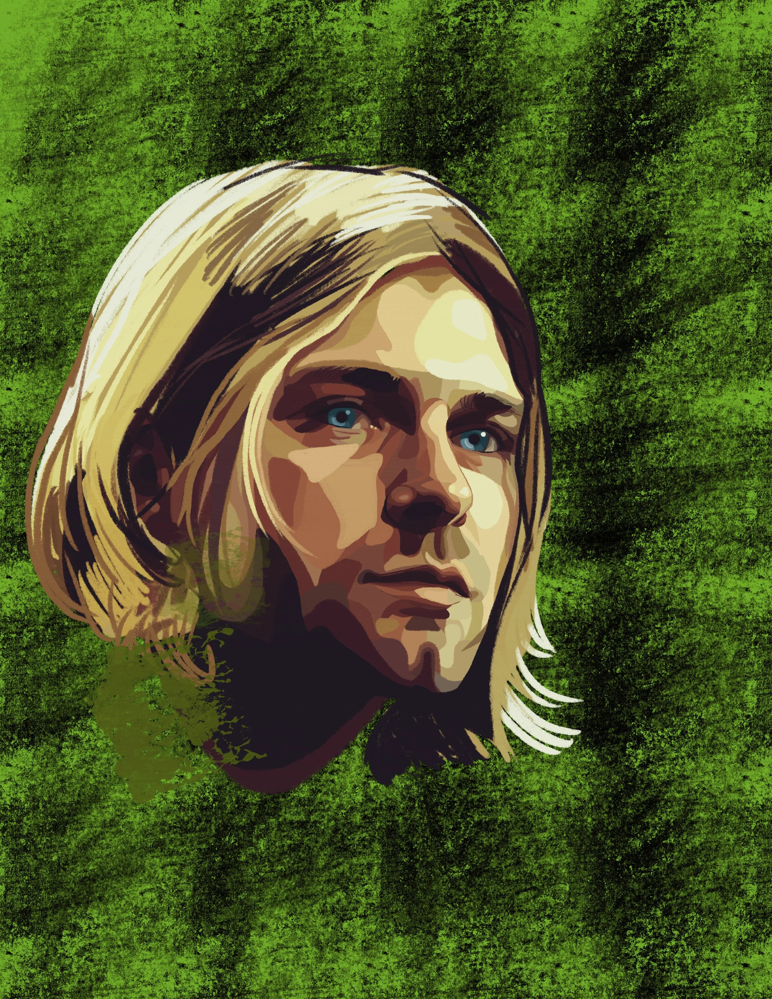 A digital illustration of a woman with blonde hair and blue eyes set against a textured green background.