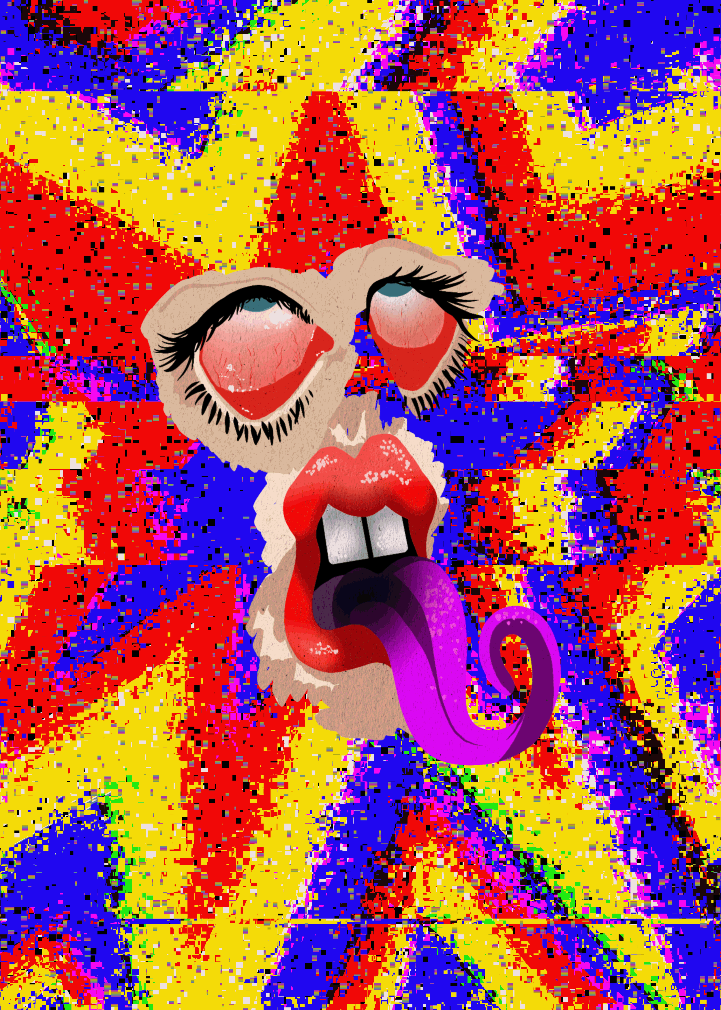 A digitally distorted image of a cartoon dog with exaggerated facial features, including large eyes with eyelash details, a blue tongue, and red lips. The background consists of vibrant, glitchy, and pixelated colorful patterns.