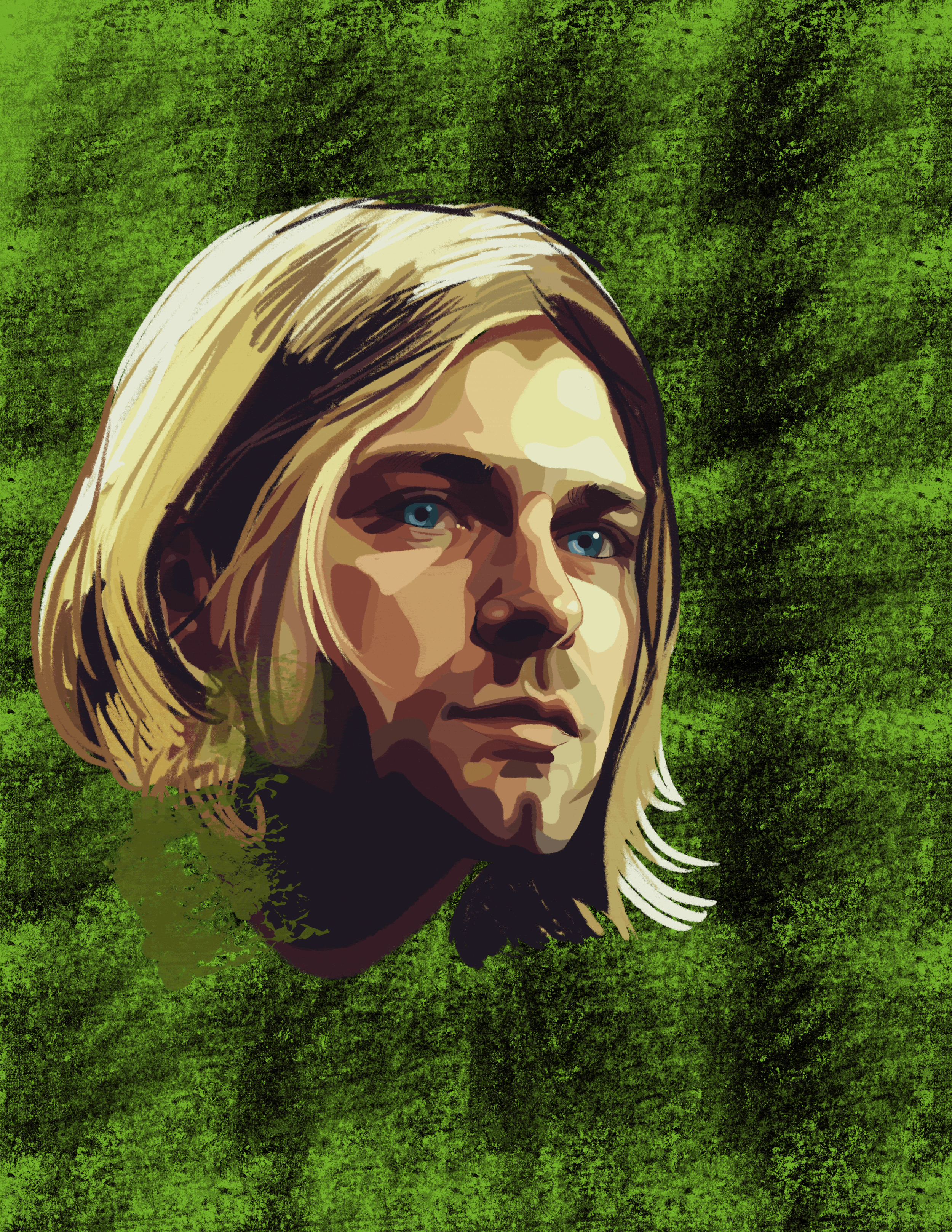 Illustration of a woman with blonde hair and blue eyes, set against a textured green background.