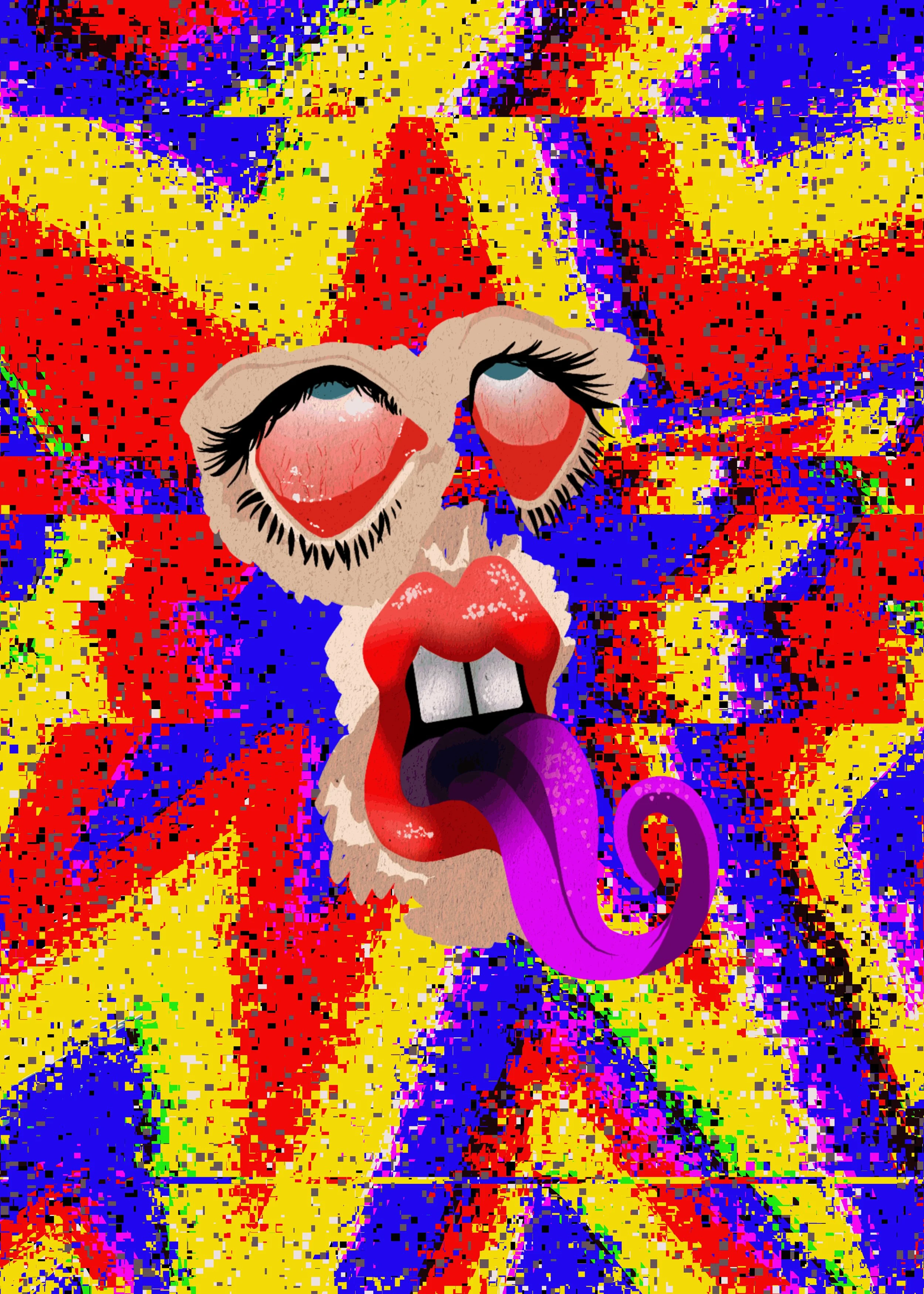 Abstract digital art of a cartoon llama with sunglasses sticking out its tongue, set against a colorful, pixelated background with yellow, red, purple, and blue hues.