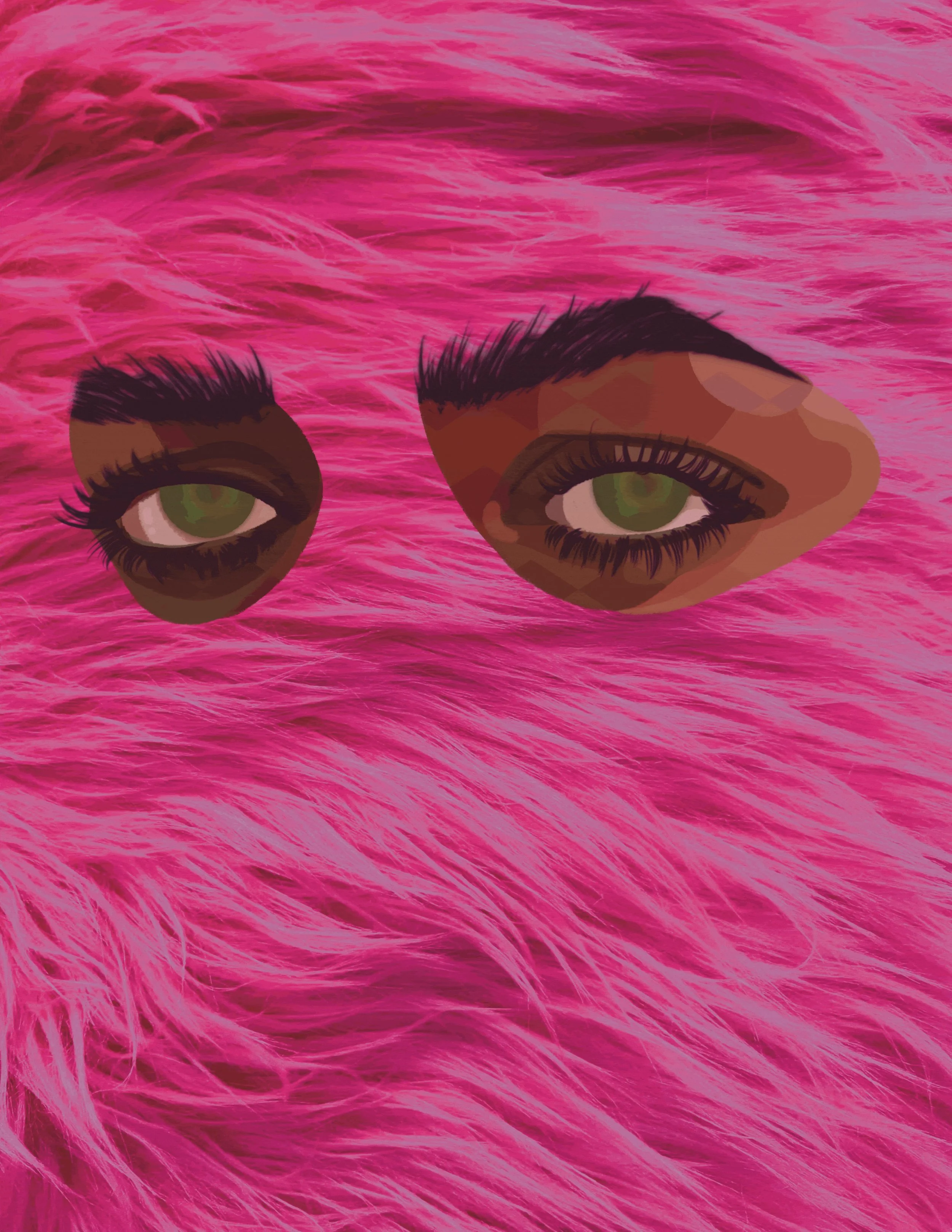 Close-up of a person's eyes with green irises, surrounded by makeup, hair, and a textured pink background.