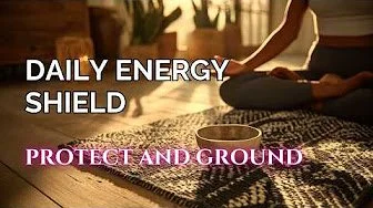 Text overlay on a photo of a person sitting cross-legged on a yoga mat with a bowl in front, reading 'Daily Energy Shield Protect and Ground'.