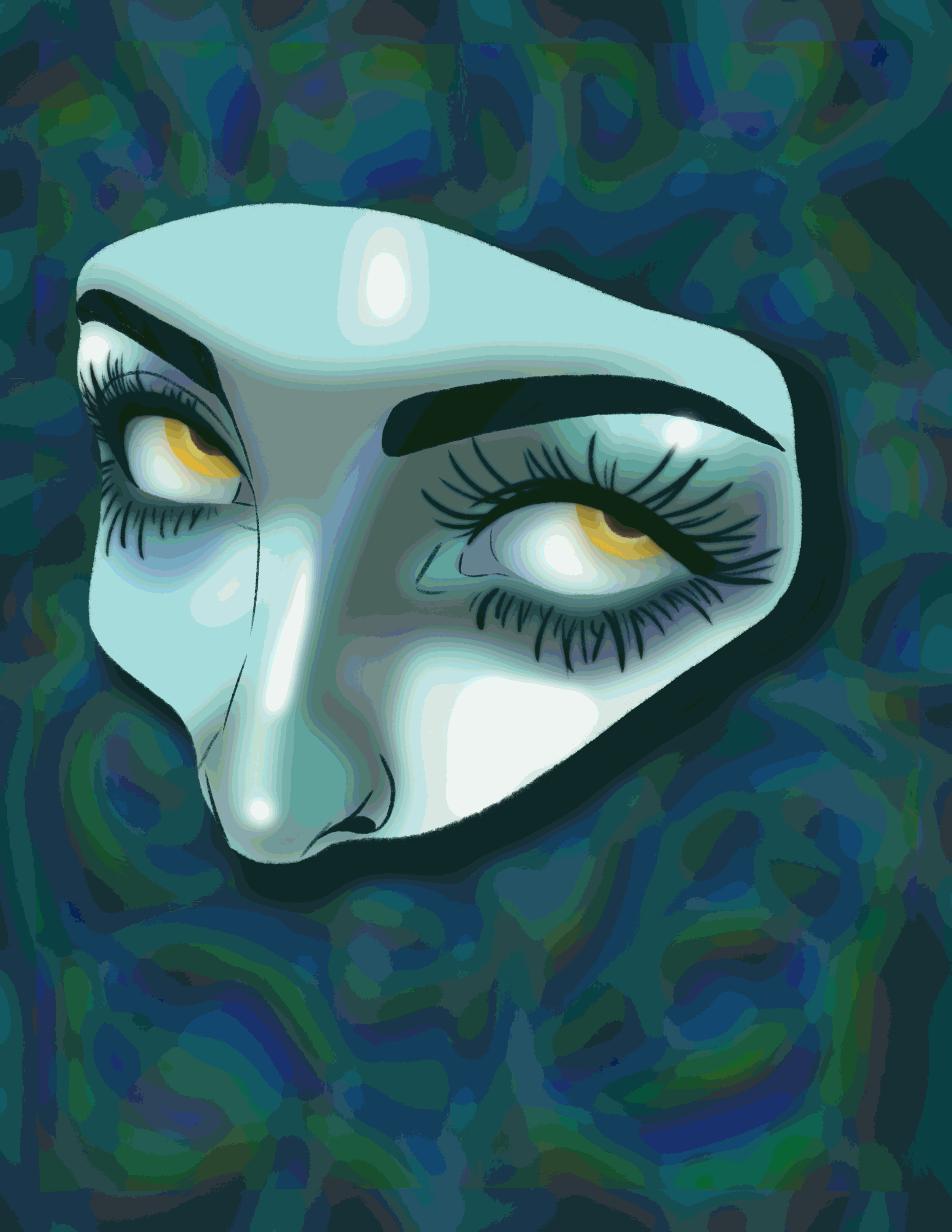 Close-up of a stylized illustrated face with light blue and white skin tones, yellow eyes, and dark detailed eyelashes and eyebrows, against a swirling blue and green background.