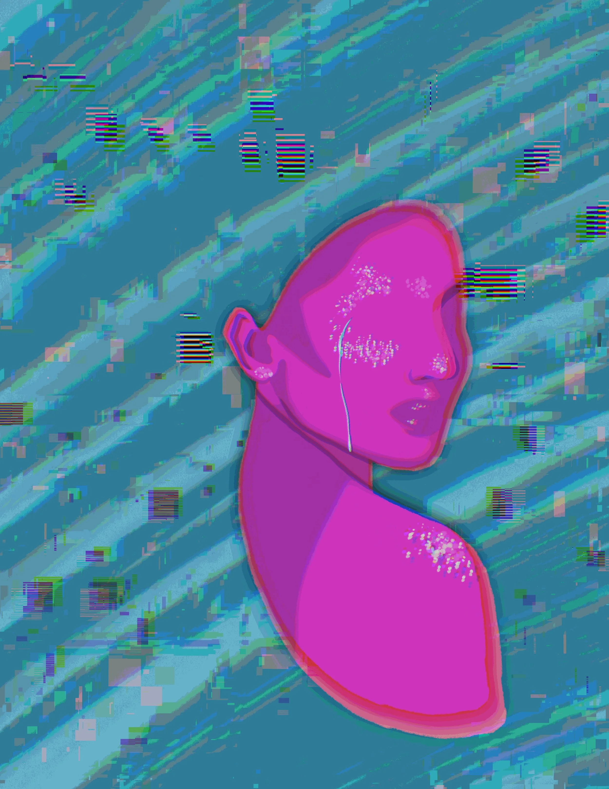 A digitally stylized illustration of a person's profile with pink skin tone, closed eyes, and white freckles on the face, set against a background of abstract streaks and pixelated patterns in blue, green, and purple.