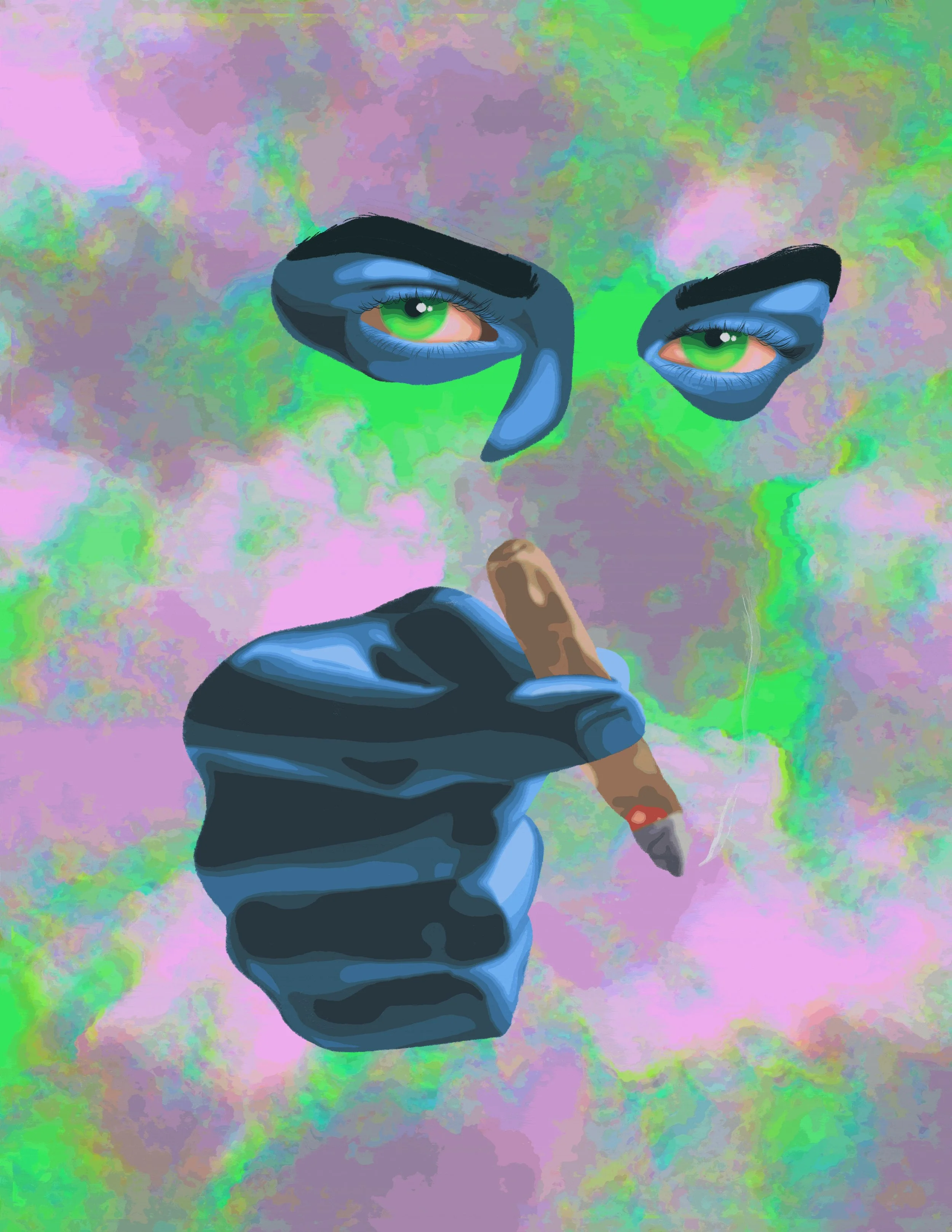 Digital surreal art of a person with bright green eyes and dark eyebrows, holding a knife, with a colorful abstract background.