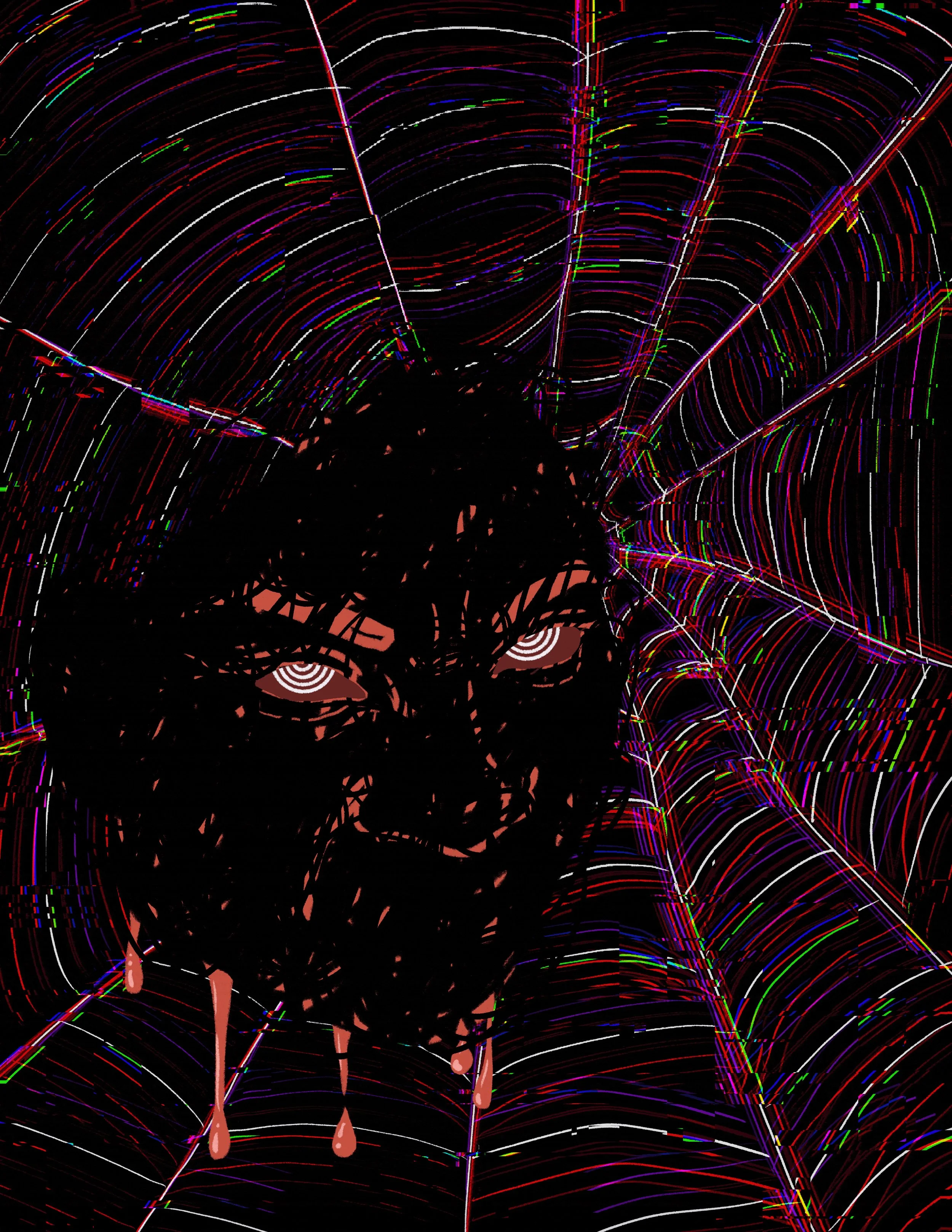 Abstract digital art with colorful, swirling, linear patterns on a black background. The image features an intricate web of curved and straight lines in various colors including red, white, green, blue, and purple, resembling a complex, neon-like network or graphical data visualization.