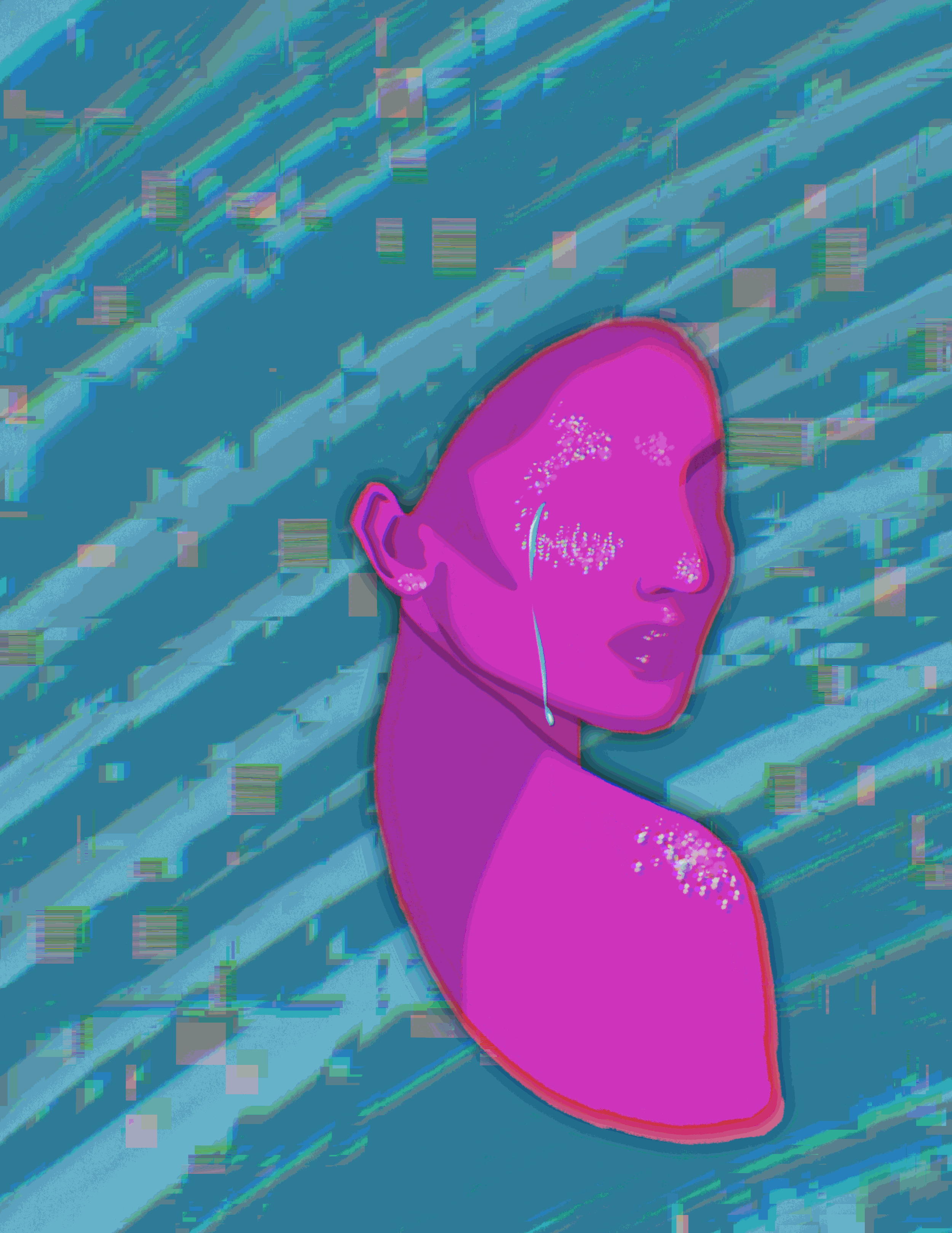 A stylized digital illustration of a woman with pink skin and closed eyes, wearing white earbuds, with a colorful abstract background featuring diagonal streaks of green, blue, and purple.