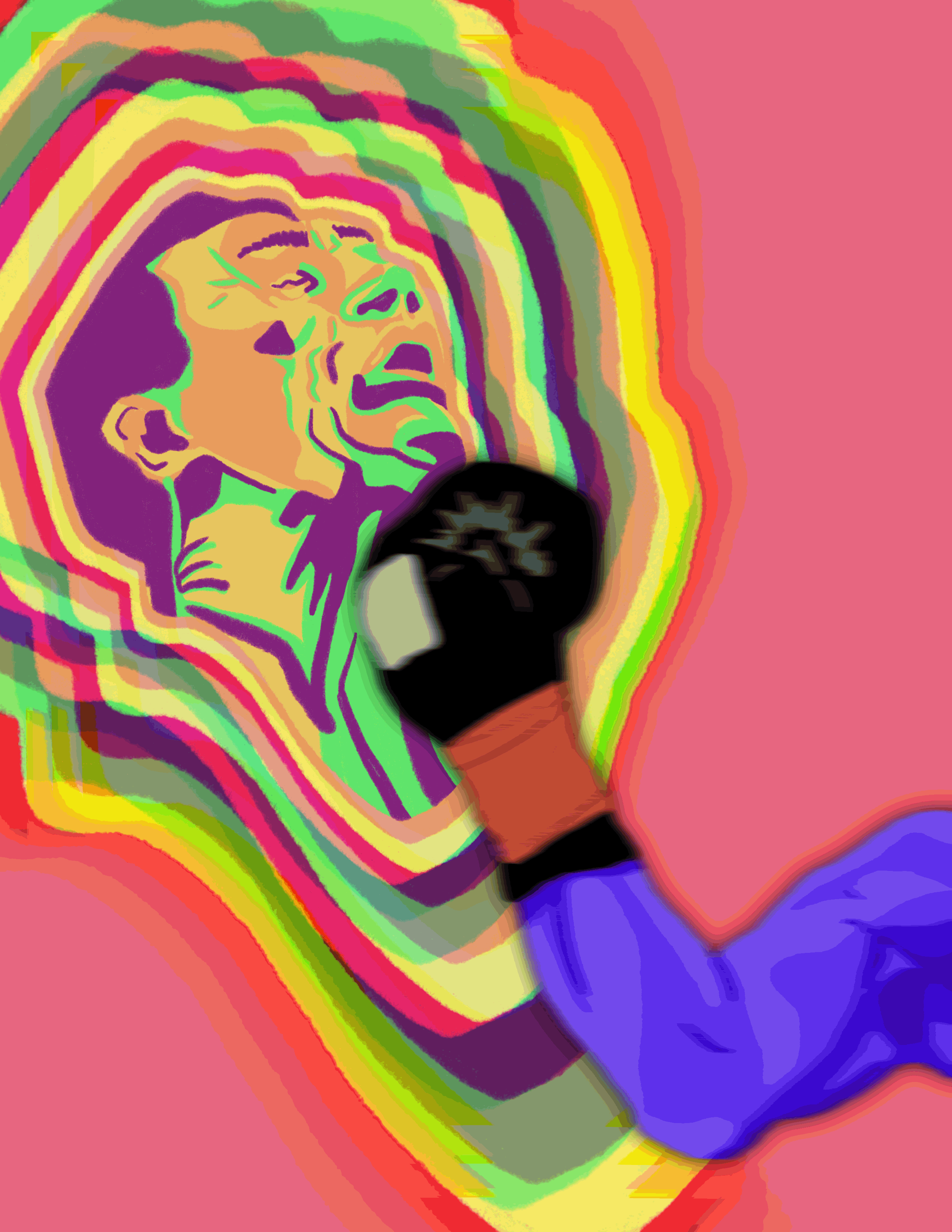A colorful, abstract digital illustration resembling a person's face surrounded by vibrant rainbow-like concentric layers.