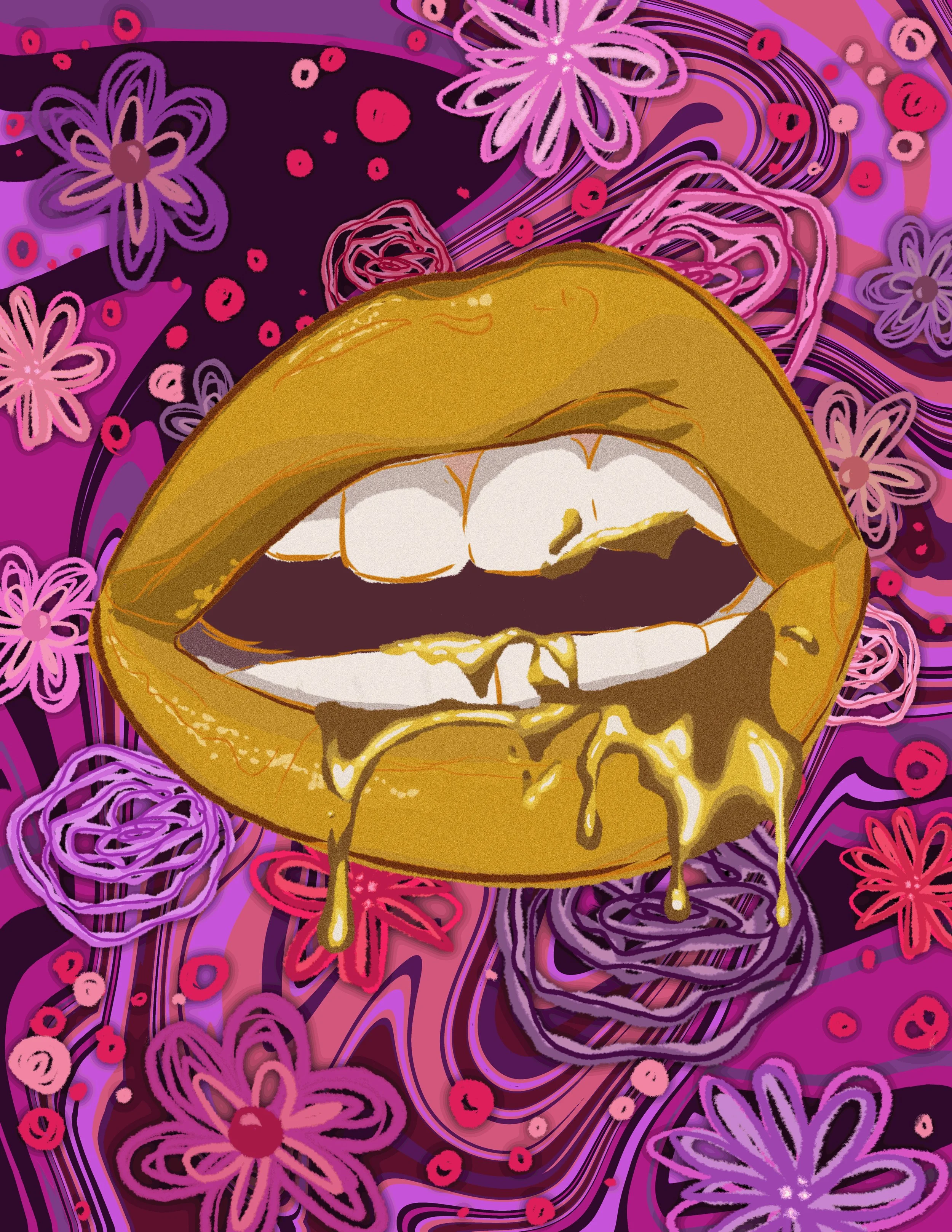A digitally illustrated image of a mouth with teeth, surrounded by a vibrant, swirling background of pink and purple flowers and abstract patterns.