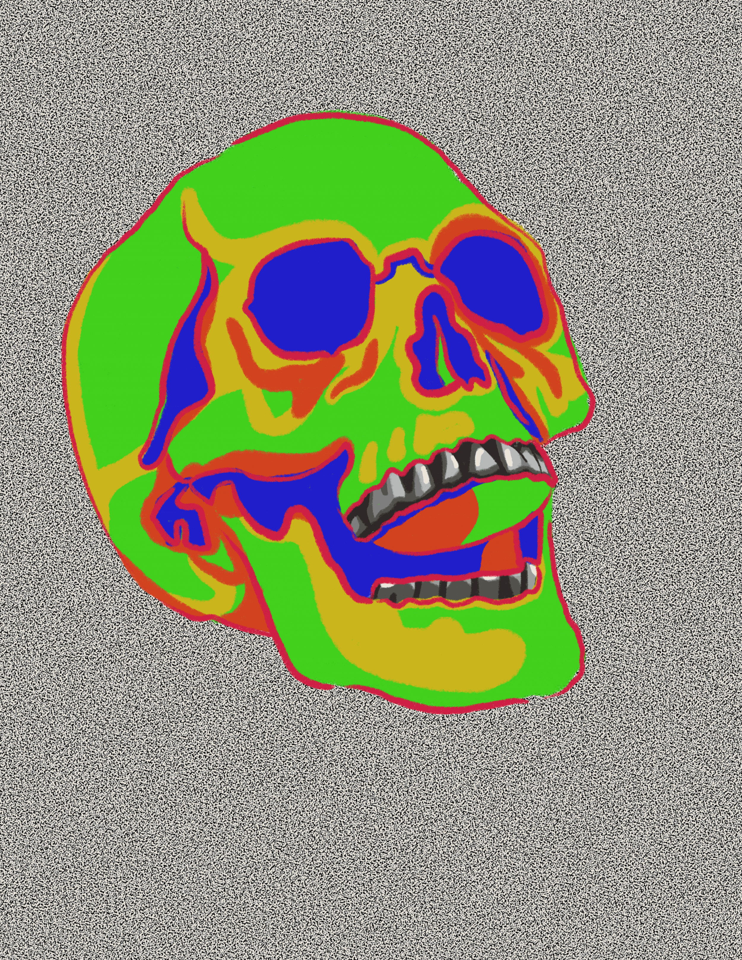 Thermal image of a human skull with various colors representing heat levels, on a textured gray background.