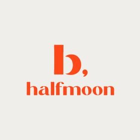 Logo with lowercase "b," in red above the word "halfmoon" in red on a light background. (b, halfmoon Canadian brand logo)
