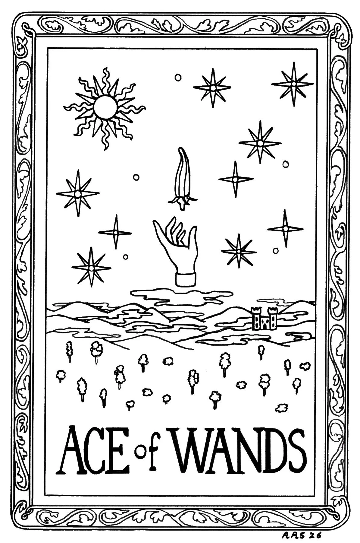 Anna Rose Stabler, Ace of Wands v1, Micron pen on paper, digital, 6 x 4", 2026

This tarot series is a collaboration with the fabulous Gina Wisotzky, founder of Incandescent Tarot, at www.incandescenttarot.com