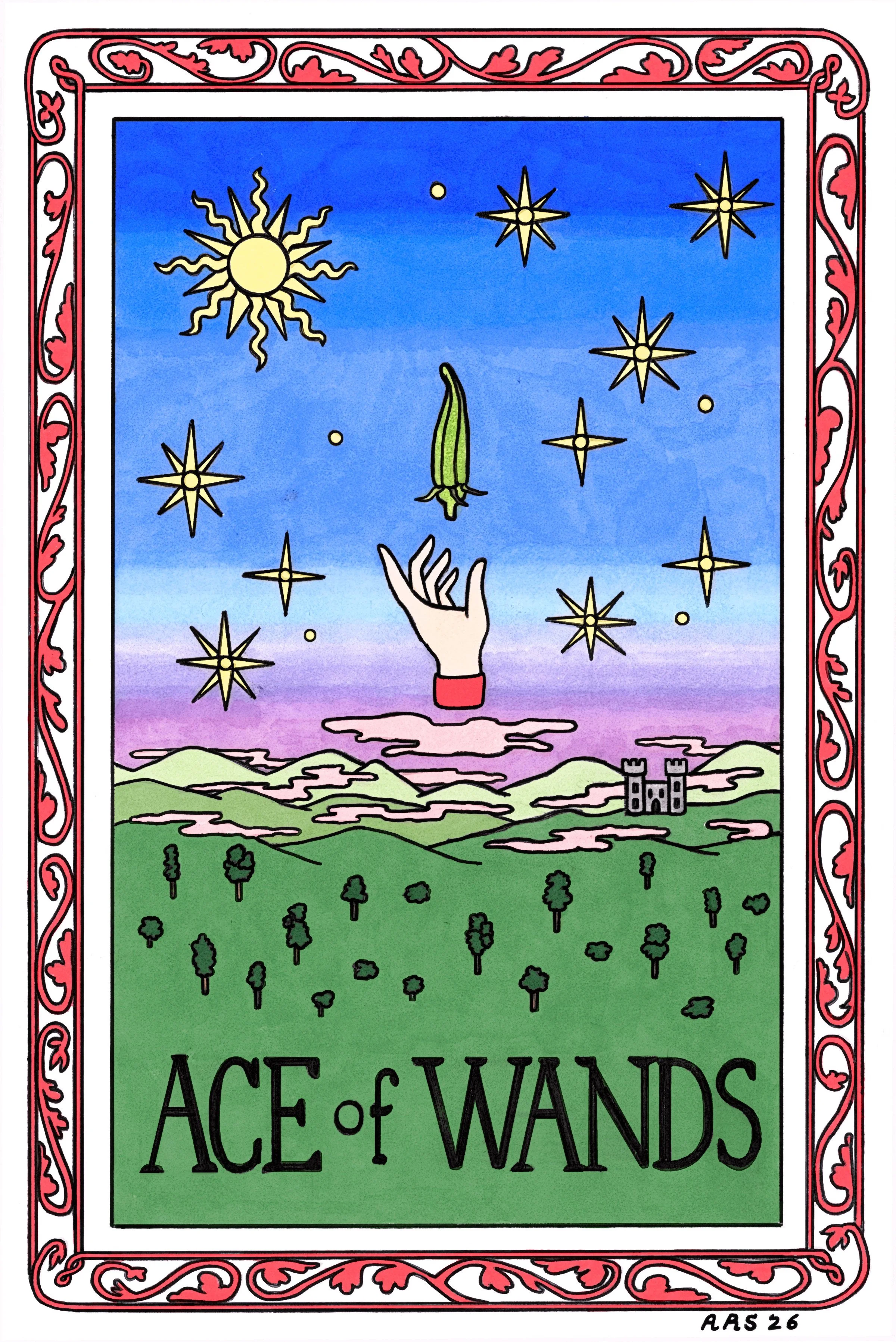 Anna Rose Stabler, Ace of Wands, Micron pen and Copic markers on paper, digital, 6 x 4", 2026

This tarot series is a collaboration with the fabulous Gina Wisotzky, founder of Incandescent Tarot, at www.incandescenttarot.com