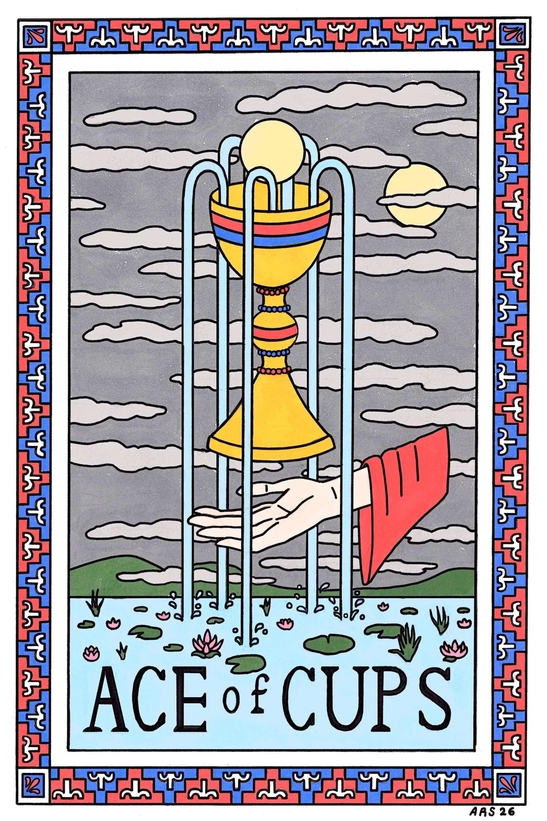 Anna Rose Stabler, Ace of Cups, Micron pen and Copic markers on paper, digital, 6 x 4", 2026

Collaboration with Gina of Incandescenttarot.com