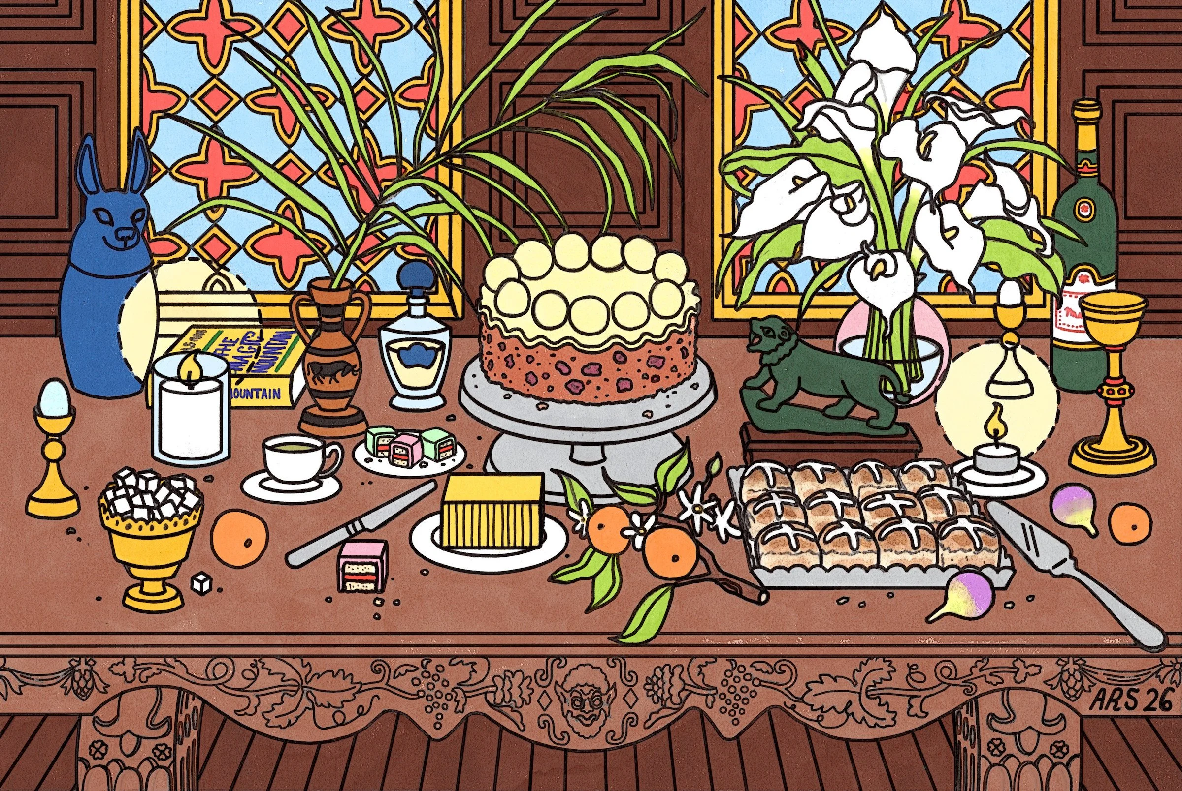 Anna Rose Stabler, Easter Card 2026, Micron pen and Copic markers on paper, digital, 4 x 6", 2026