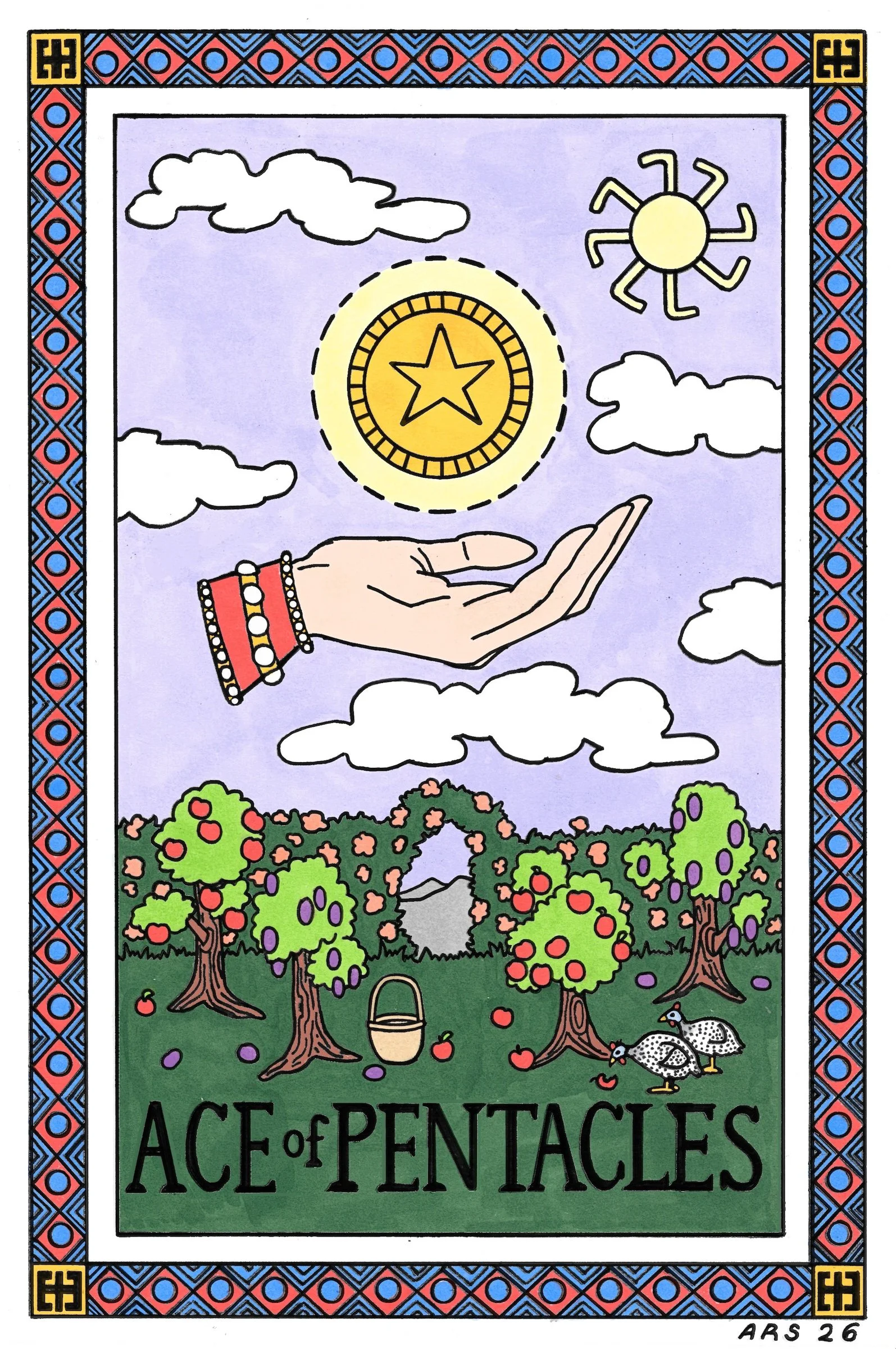 Anna Rose Stabler, Ace of Pentacles, Micron pen and Copic markers on paper, digital, 6 x 4", 2026

annarosestabler.com

Collaboration with Gina of Incandescenttarot.com
