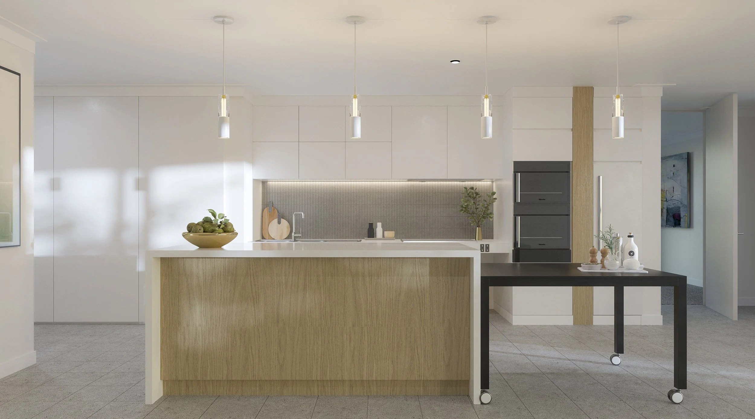 Modern kitchen with white cabinets, wooden island, black table on wheels, and pendant lights.