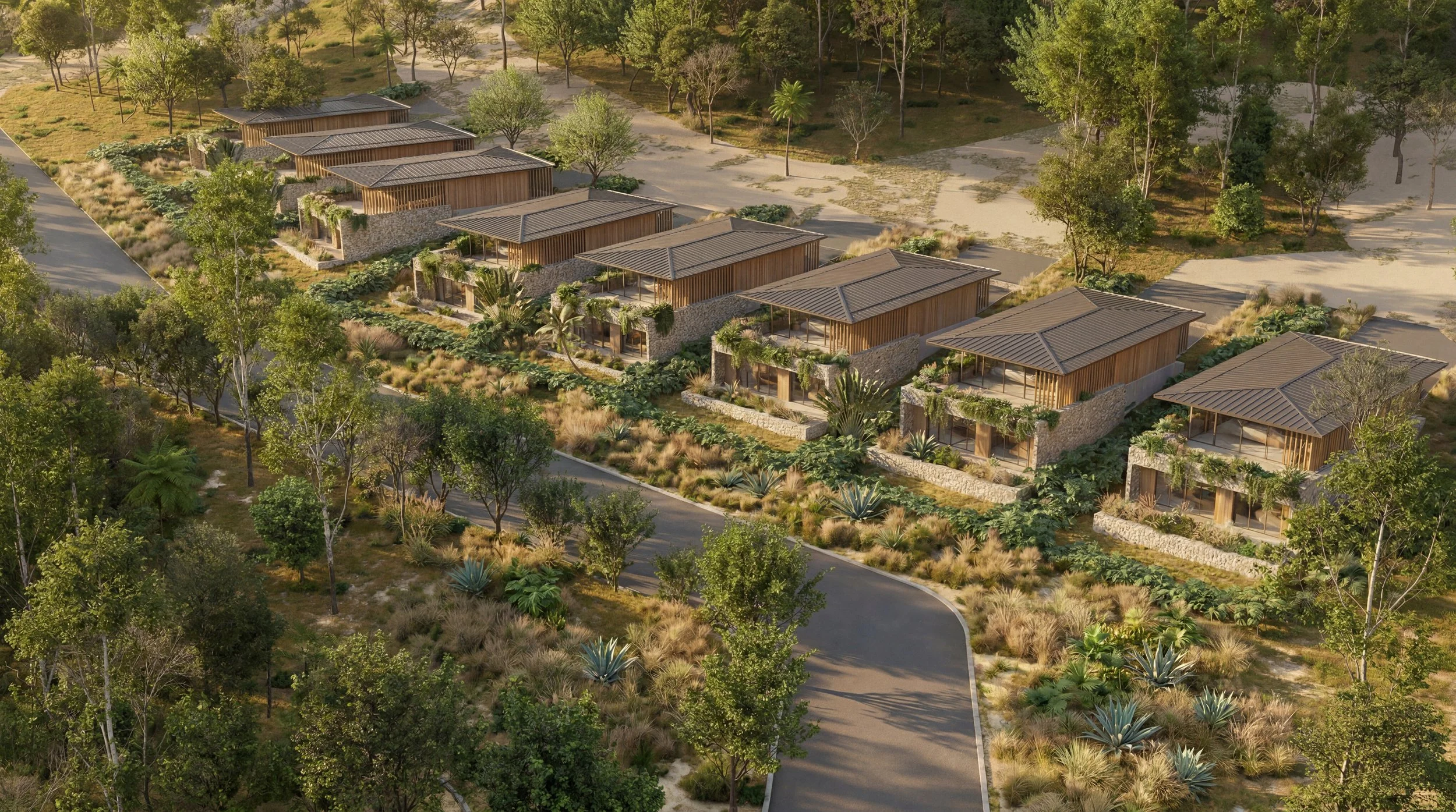 Conjunto de casas modernas rodeadas de vegetación y árboles, en un entorno natural, con caminos pavimentados entre ellas.