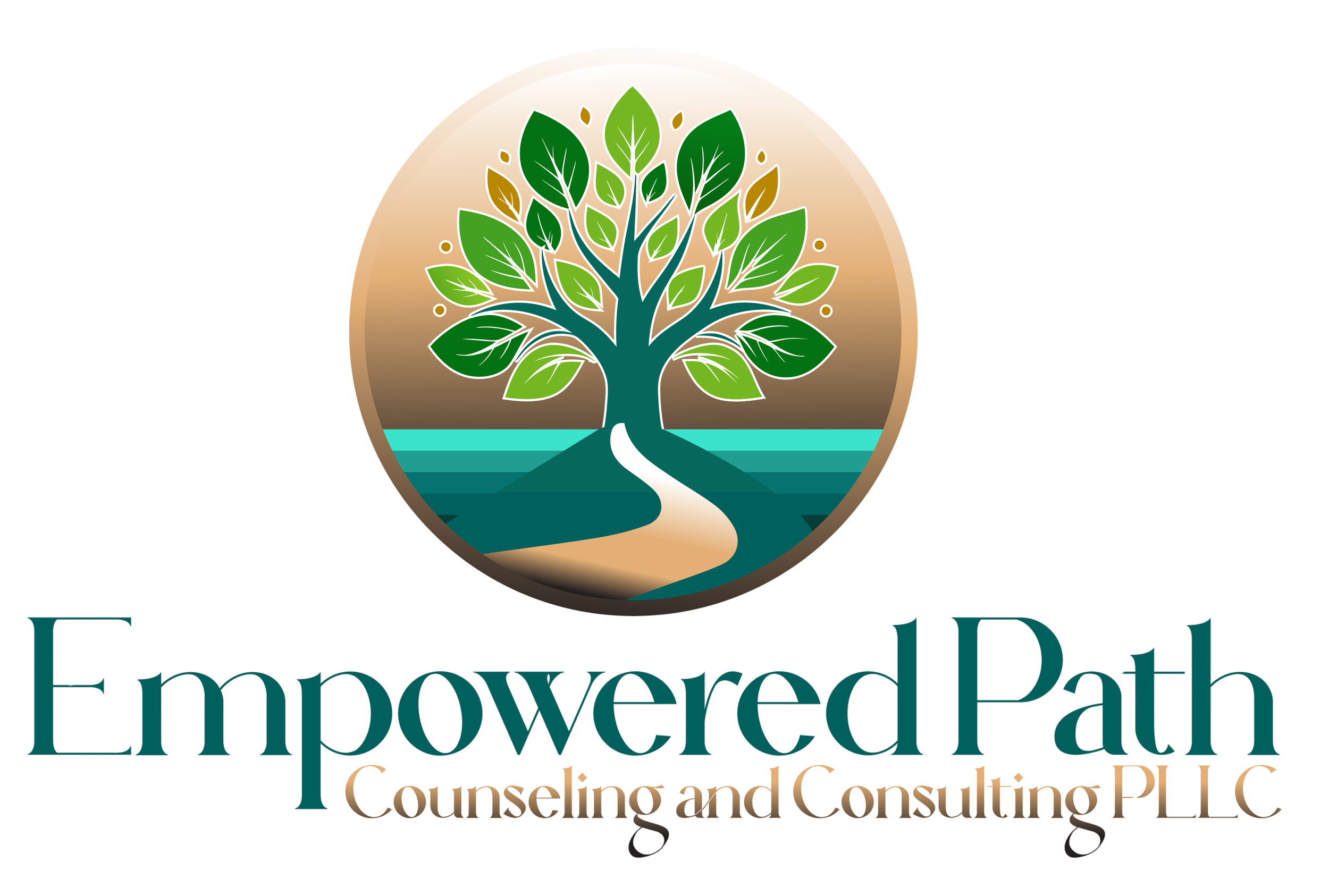 A logo featuring a stylized tree with green leaves, a winding path, and a background with a gradient from light to dark, along with the text "Empowered Path Counseling and Consulting PLLC."