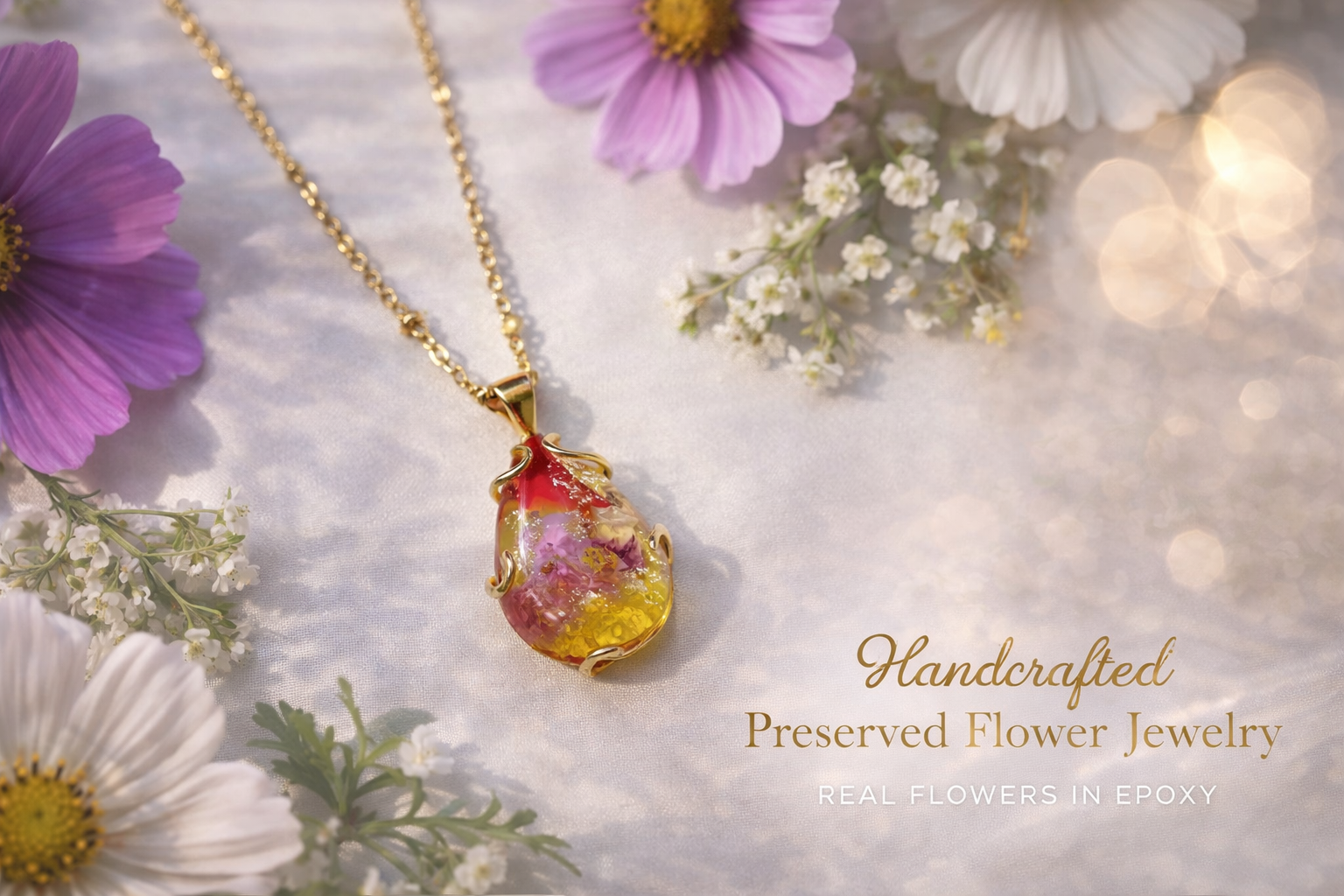 A gold chain necklace with a colorful epoxy flower pendant on a satin surface, surrounded by purple and white flowers, with gold-foiled text reading 'Handcrafted Preserved Flower Jewelry' and 'Real Flowers in Epoxy'.