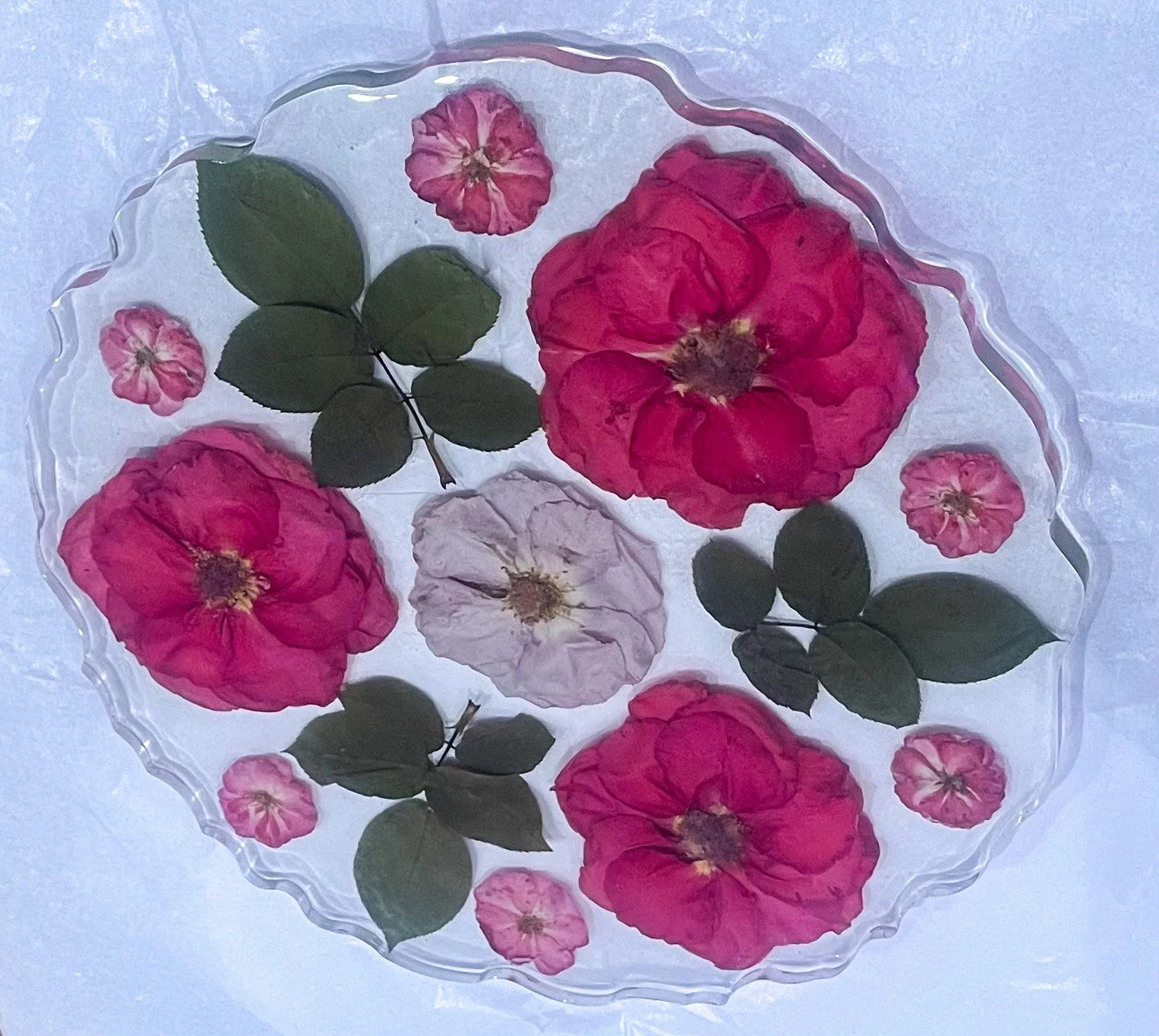 A clear glass plate with a scalloped edge, filled with pressed dried pink and white flowers and green leaves, arranged in a decorative pattern.