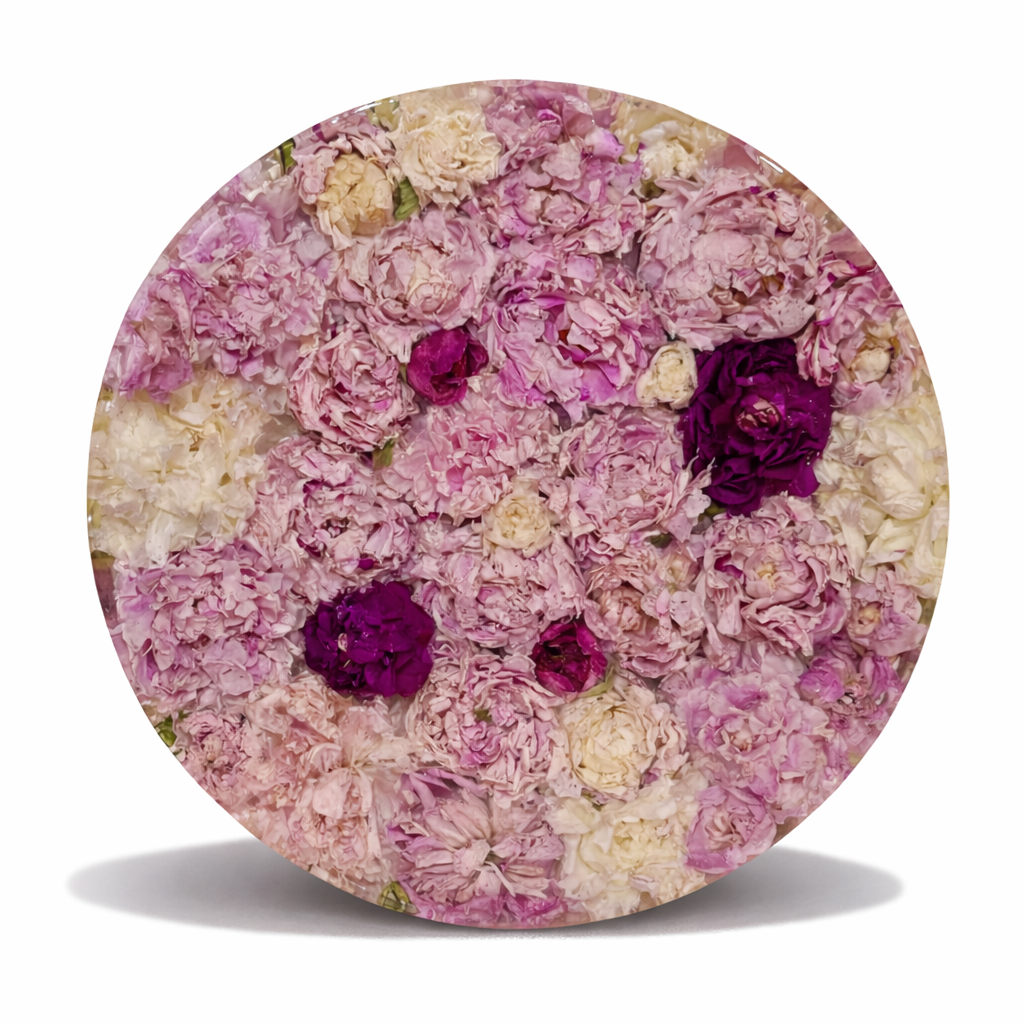Round floral arrangement composed of pink, white, and purple roses.