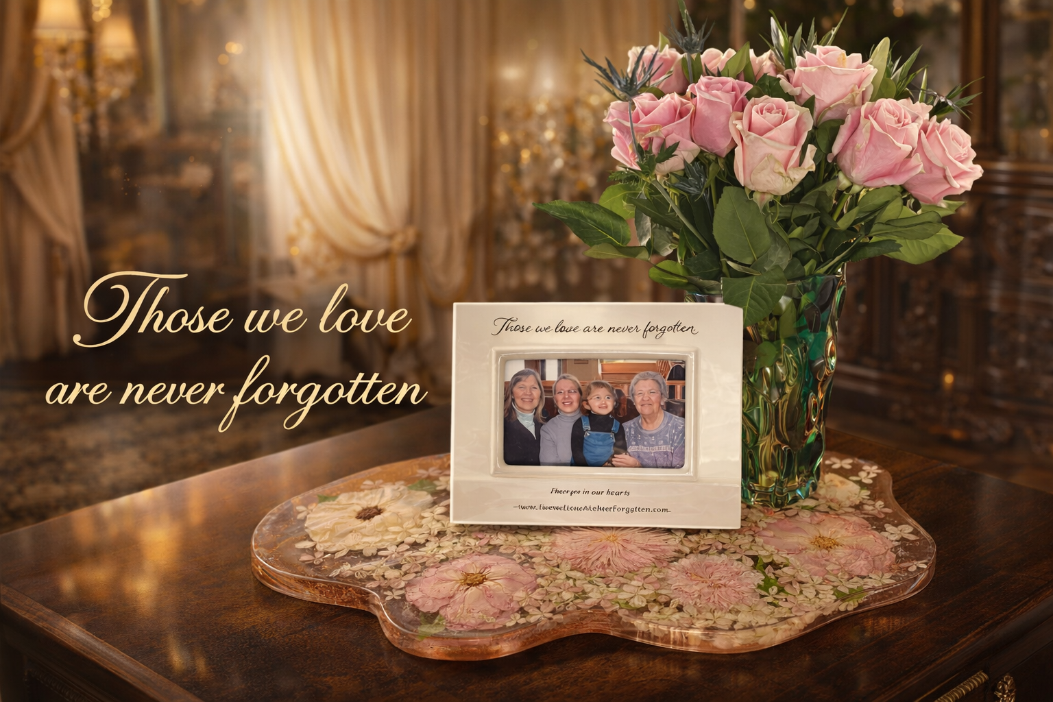 A memorial display on a wooden table shows a framed photograph of four people, a vase of pink roses, and a decorative floral tray. The memorial frame has the words "Those we love are never forgotten" written on it. The scene is softly lit with elegan