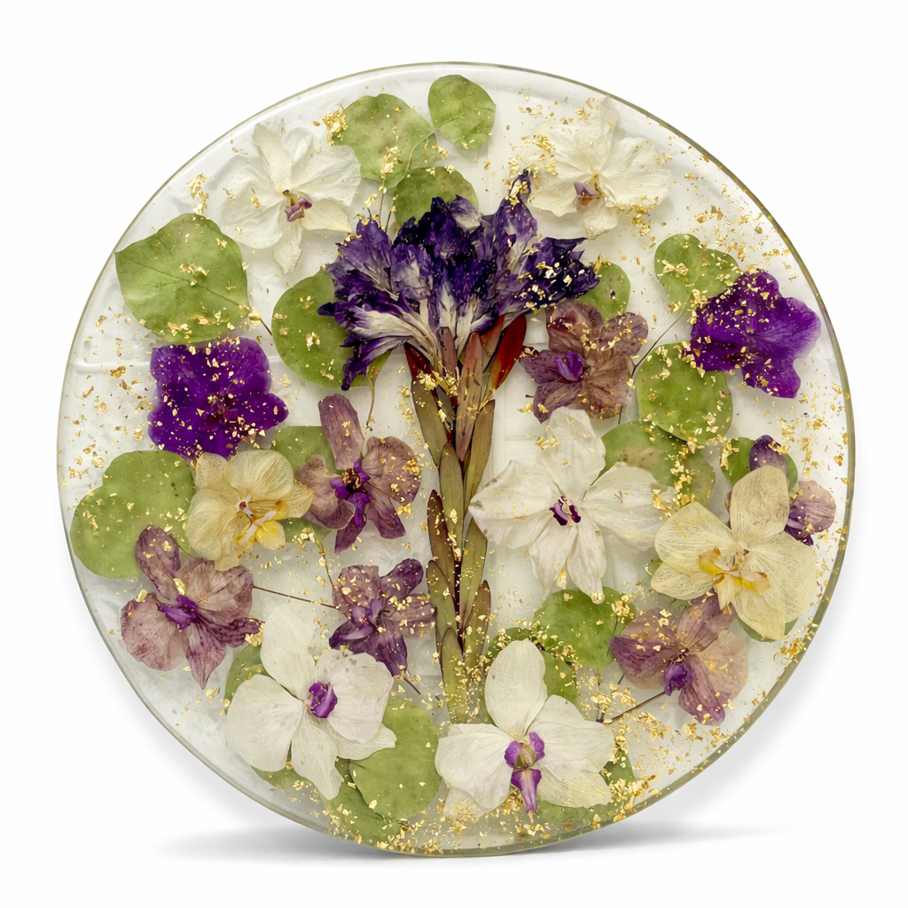 A circular glass plate filled with assorted pressed flowers and leaves, including white, purple, and yellow blossoms, with gold flakes scattered throughout.