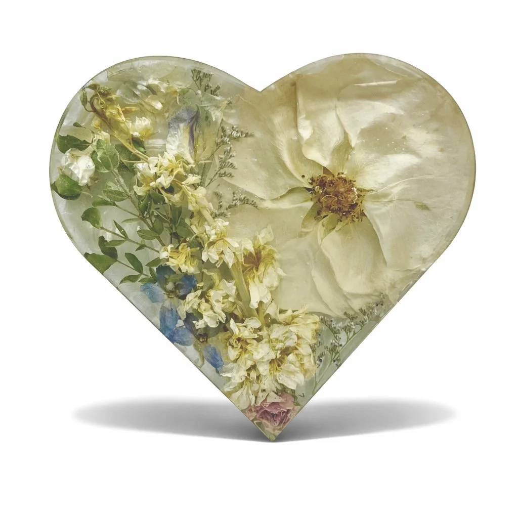 Heart-shaped glass paperweight with dried flowers inside, including a large cream-colored flower and smaller yellow, white, blue, and pink flowers.