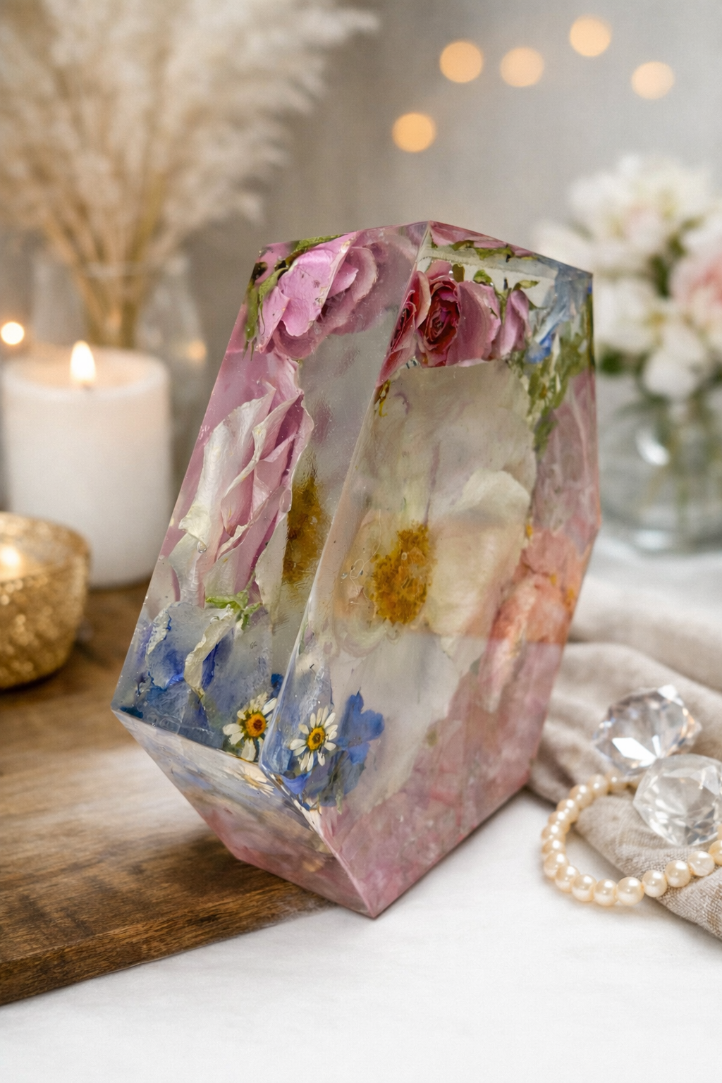 A decorative glass block with embedded dried flowers including pink, white, yellow, and blue flowers, placed on a wooden surface with candles, jewelry, and a cloth nearby.