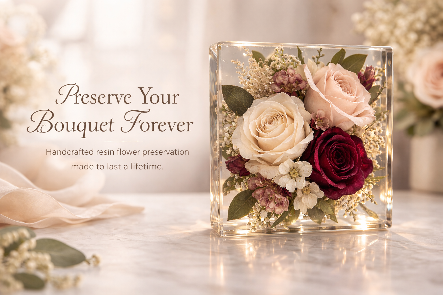 A glass cube filled with preserved roses and flowers, with a background of soft lighting and floral arrangements. The image promotes handcrafted resin flower preservation for lifelong keepsakes.