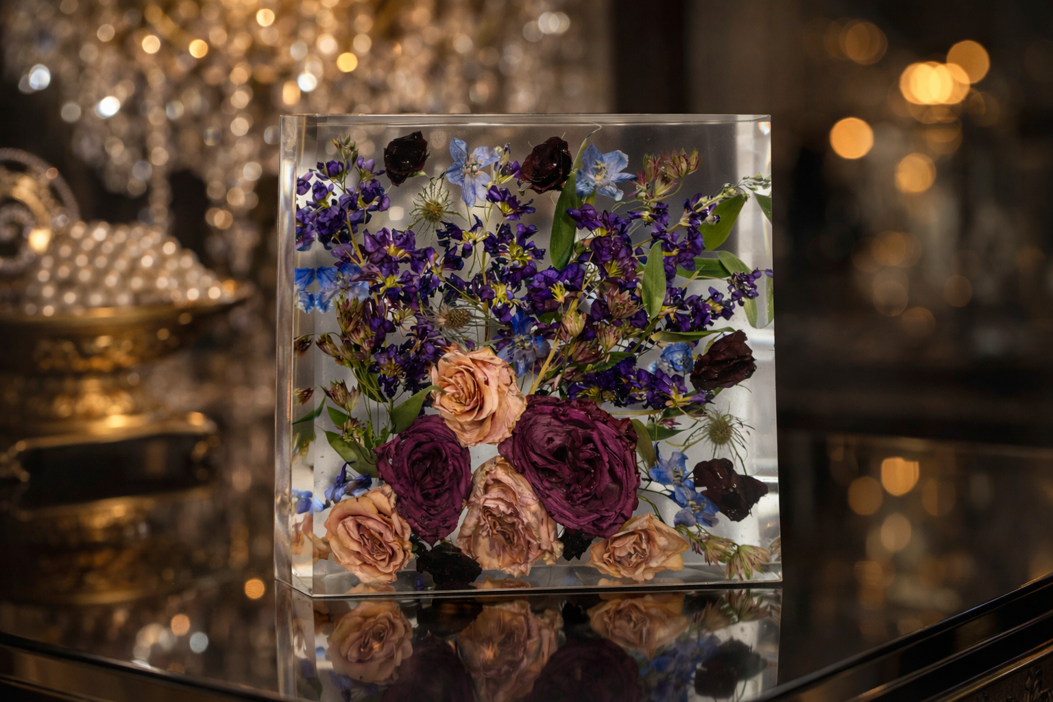 A clear acrylic box filled with a mixture of flowers, including roses and other small blooms, placed on a reflective surface in a dimly lit room with warm lights in the background.