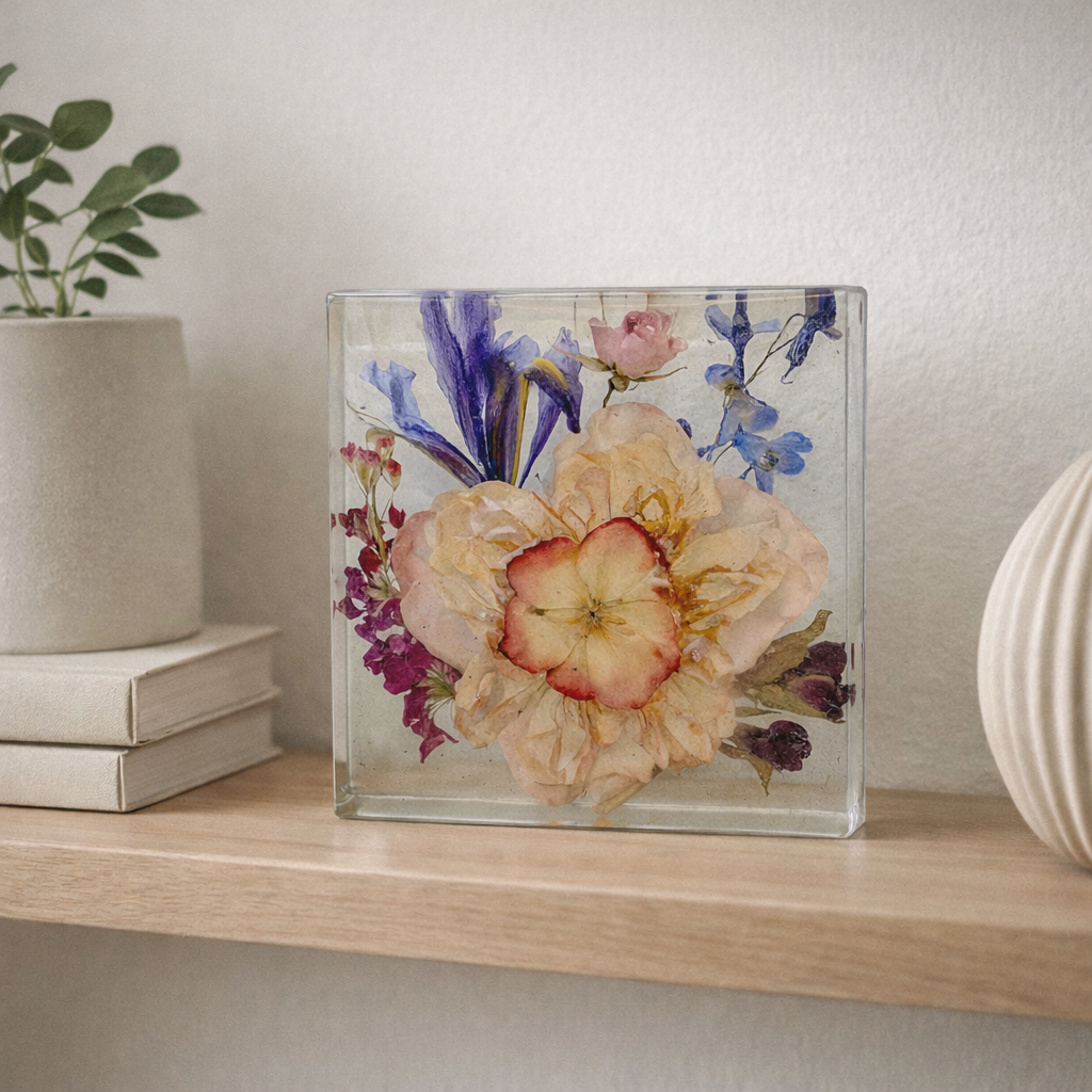 Decorative glass box with pressed pressed flowers and a pink and white flower at the center, placed on a wooden shelf with a beige plant pot and books to the left and a beige vase to the right.