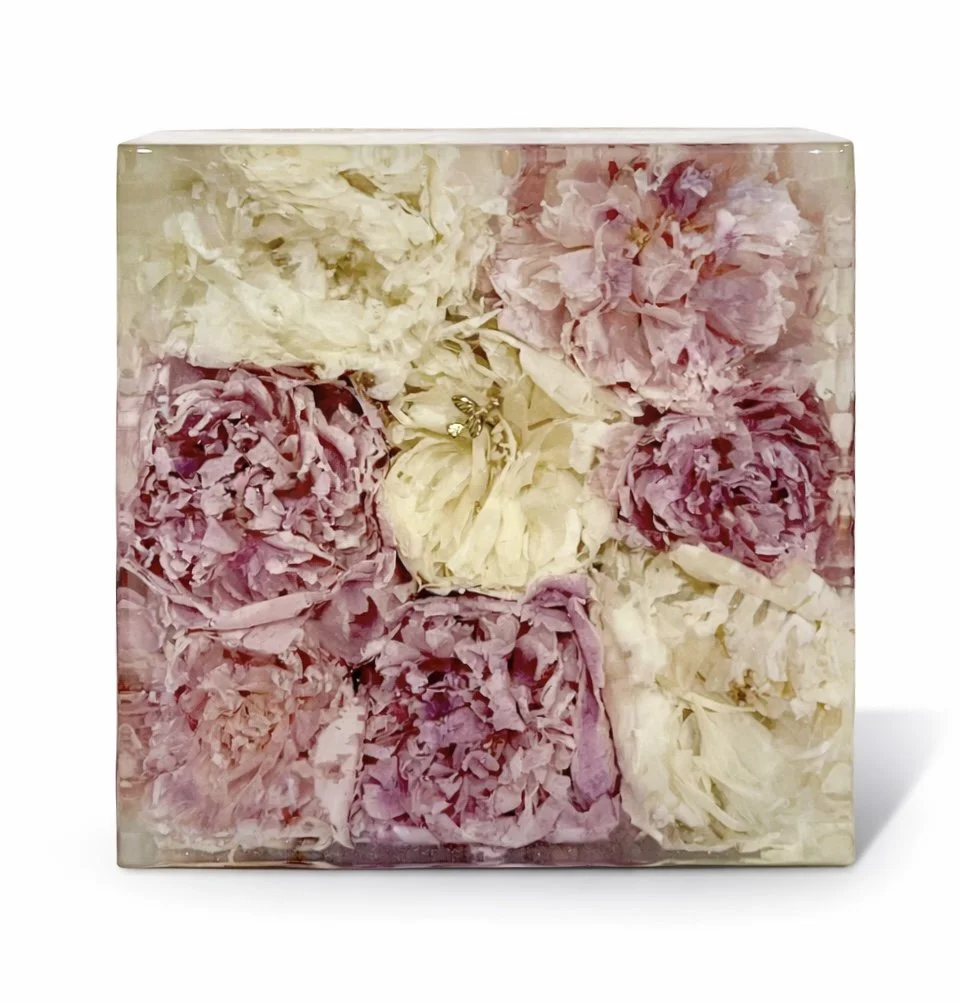 A transparent cube with white and pink peony flowers inside.