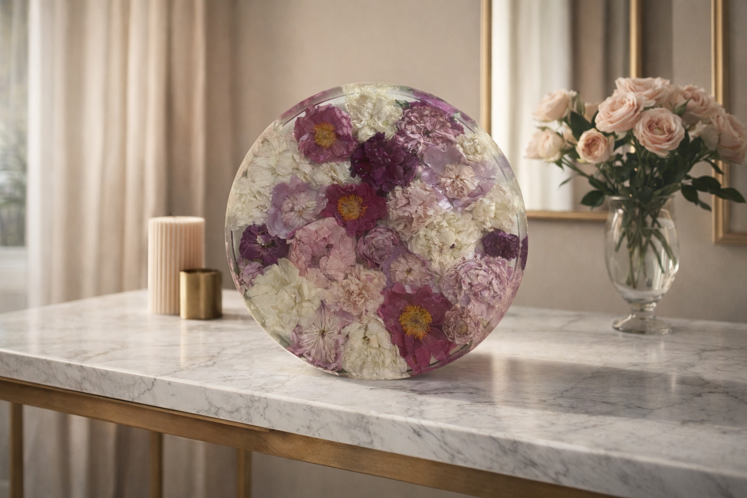 A round glass bowl filled with pink, purple, and white flowers resting on a marble table.