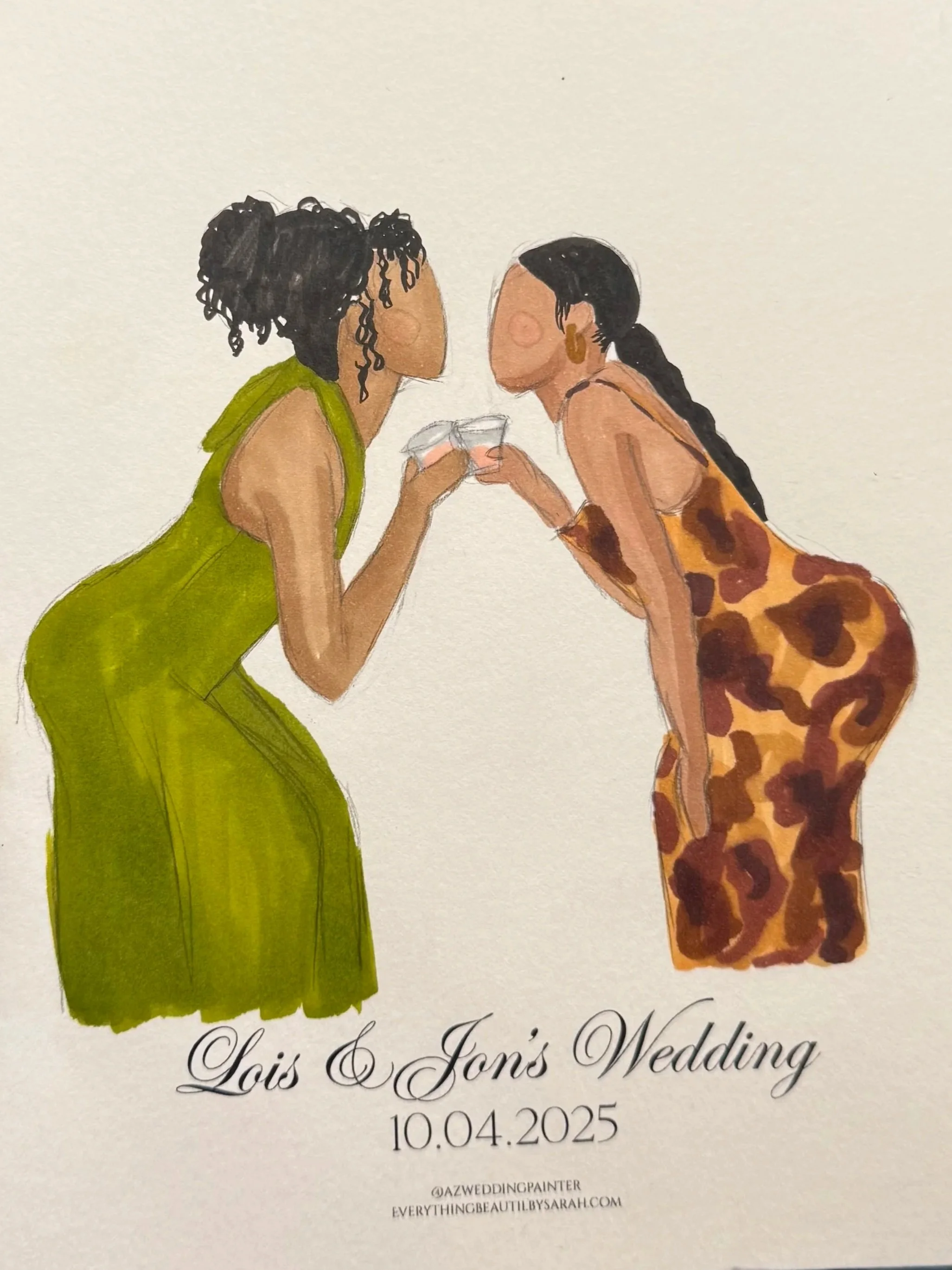 Illustration of two women clinking glasses at a wedding, one in a green dress with curly hair, the other in a leopard print dress with long black braids, with wedding details underneath.