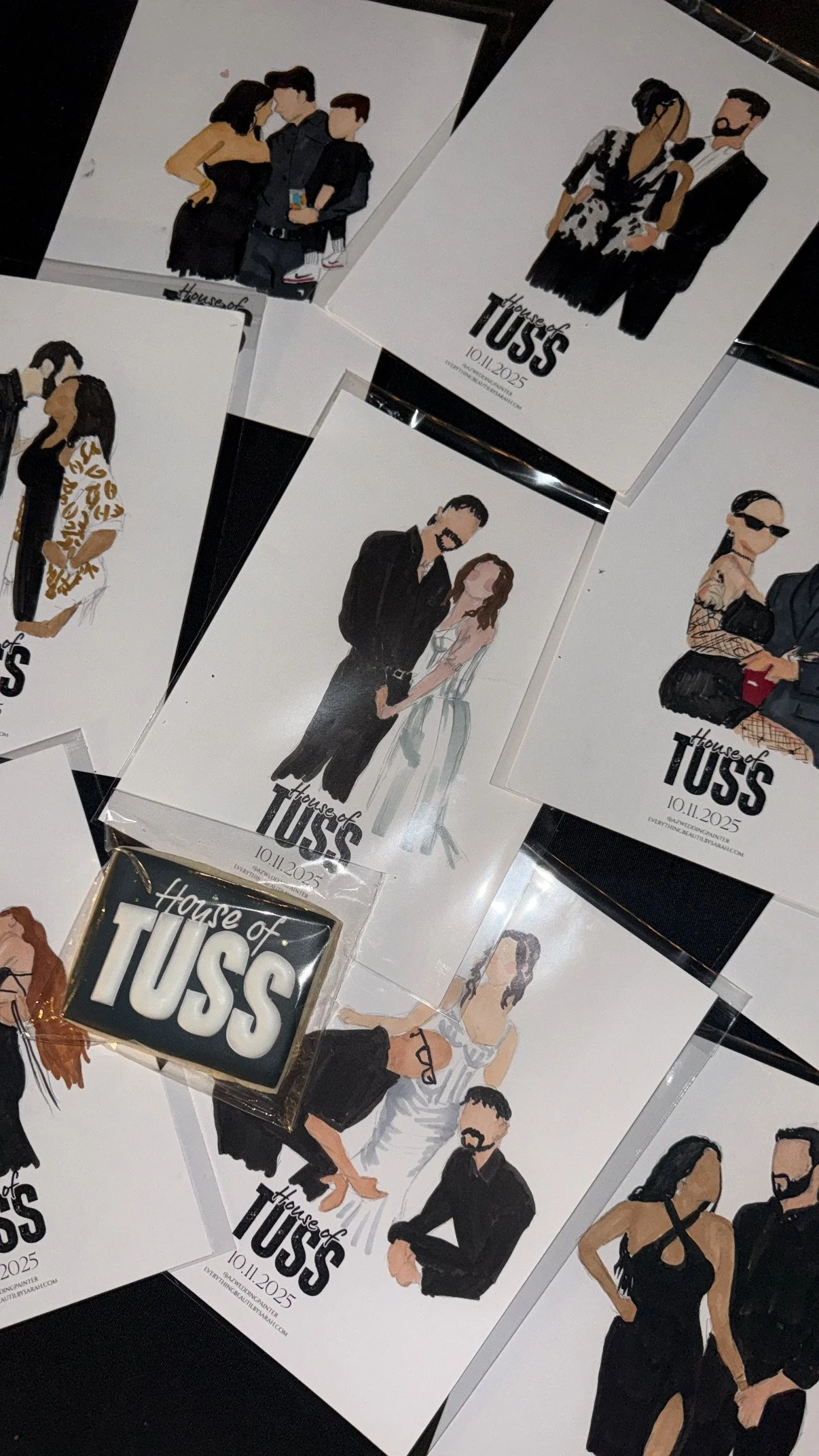 Collection of illustrated posters and a badge promoting the House of Tuss event on October 11, 2025, featuring various stylishly dressed people in different outfits and poses.