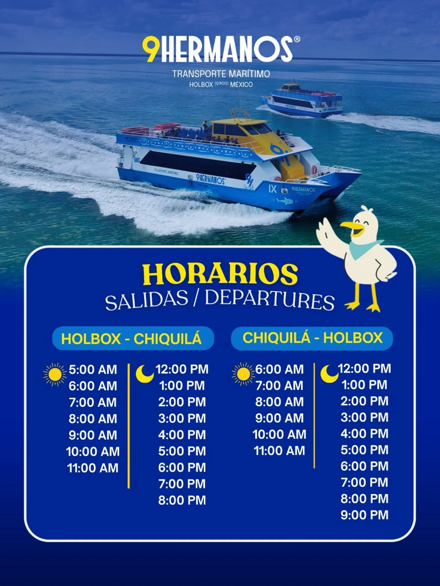 &iexcl;Visita #Holbox viajando en el #ferry m&aacute;s divertido! 🥰💙⛴️ La primera naviera de esta m&aacute;gica isla&hellip; 🌊 #9Hermanos #9H #VisitHolbox Compra tus tickets en l&iacute;nea 🎟️ (Link en bio)