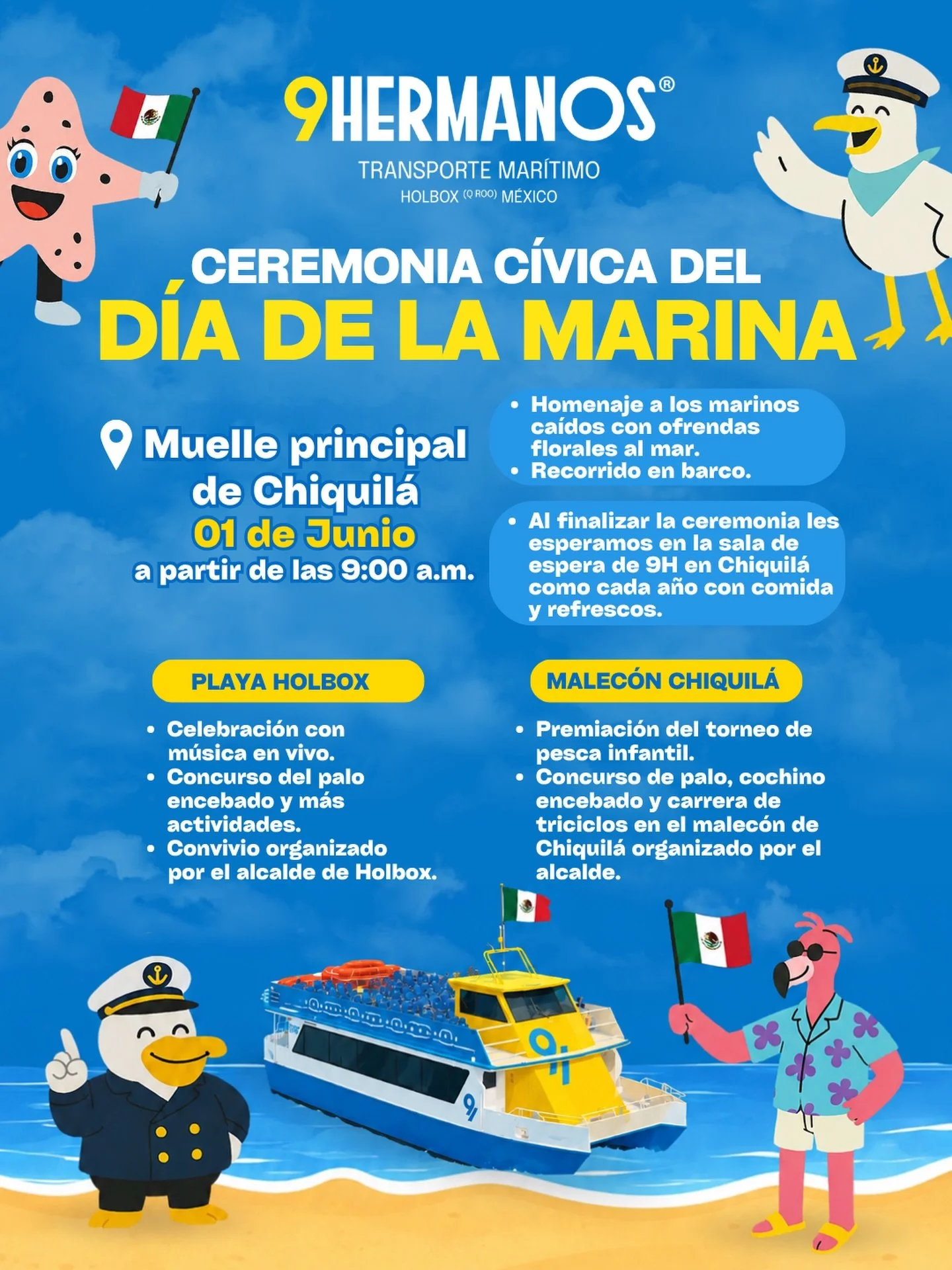 Celebremos juntos el D&iacute;a de la Marina 🇲🇽⚓🌊 En 9 Hermanos honramos a quienes han dedicado su vida al mar, a los marinos ca&iacute;dos y a todas las familias que forman parte de la historia mar&iacute;tima de Holbox y Chiquil&aacute;. 💙

Est